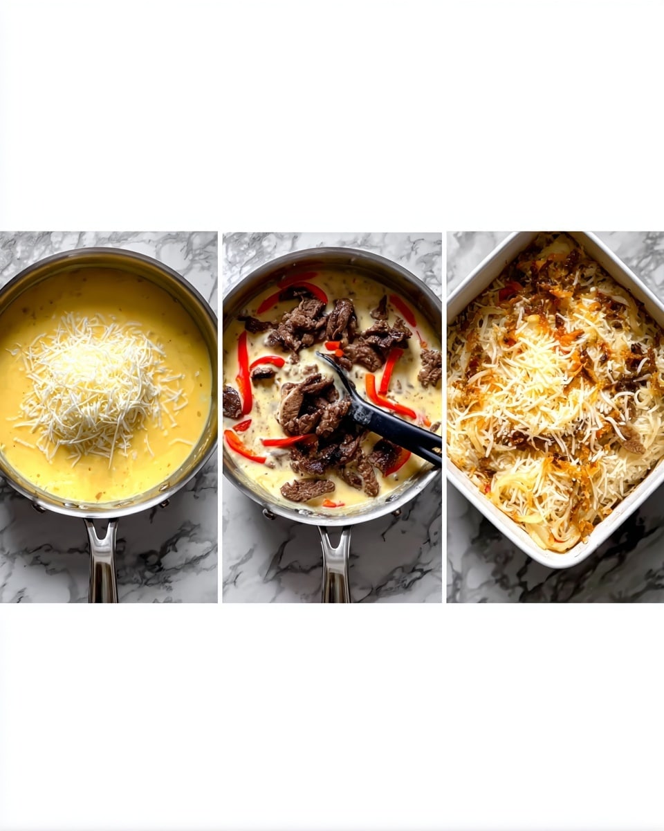 The first image shows a stainless steel pan with a yellow creamy sauce inside and shredded white cheese placed in the middle, ready to melt. The second image shows the same creamy yellow sauce mixed with sliced red peppers and cooked pieces of dark brown meat on top, all inside the same stainless steel pan with a black spatula resting in it. The third image shows a white square dish filled with layers of a baked casserole topped with melted light brown and white shredded cheese, sitting on a white marbled surface. Photo taken with an iphone --ar 4:5 --v 7