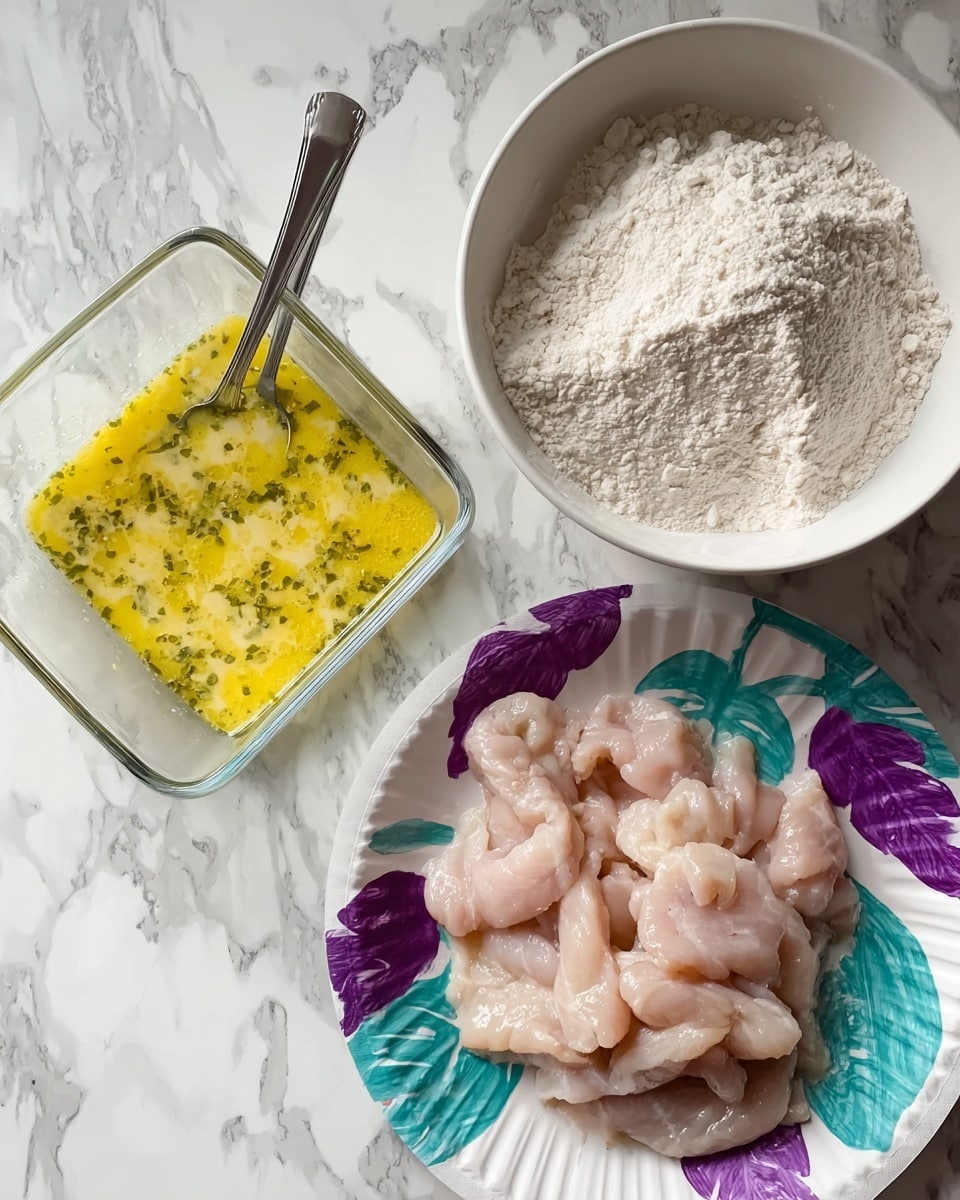 The image shows three containers with ingredients placed on a white marbled surface. On the left side is a clear square dish holding beaten yellow eggs with visible small green herbs, and a fork resting inside it. To the right, there is a large white bowl filled with white flour. Below the bowl is a white paper plate decorated with purple and teal leaf patterns, holding many pieces of raw light pink chicken strips. Photo taken with an iphone --ar 4:5 --v 7
