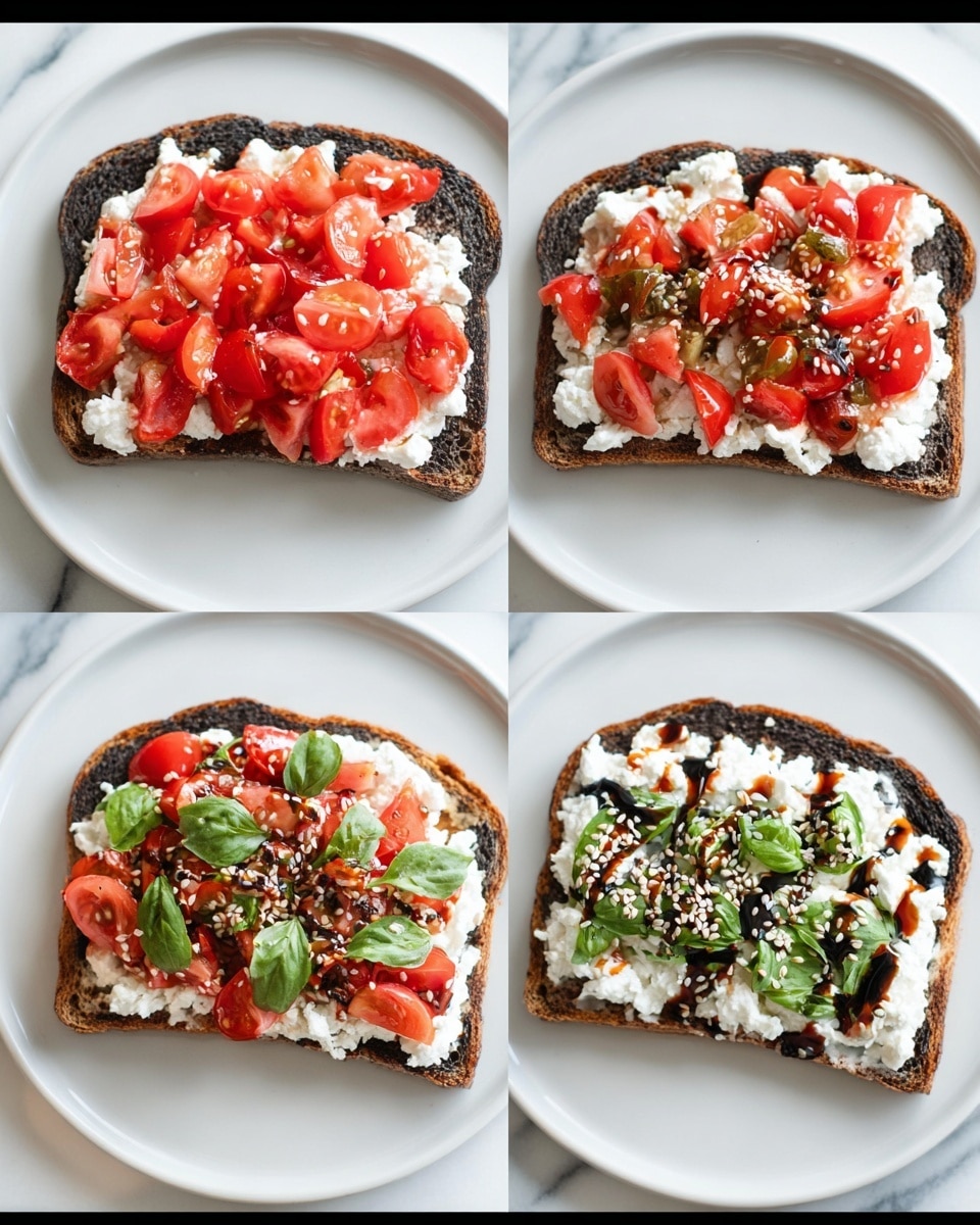 The image shows three stages of a toast with toppings on a white marbled surface. Each toast is on a white plate. The toast is dark brown, with a layer of cottage cheese that looks white and creamy, spread evenly on top. On the first toast, there are red tomato pieces, roughly cut, spread all over the cottage cheese. The second toast adds a sprinkle of white and black seeds on top of the tomatoes. The third toast adds fresh green basil leaves scattered on the tomatoes and seeds, with a dark, shiny balsamic glaze drizzled over everything, creating a glossy contrast on the top right side. photo taken with an iphone --ar 4:5 --v 7