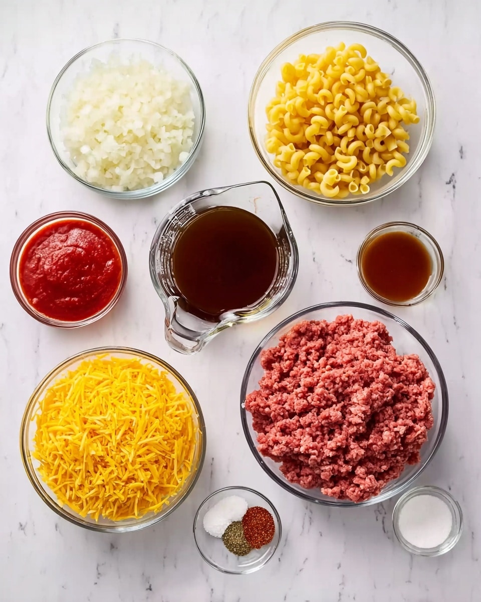 The image shows several clear glass bowls of different sizes placed on a white marbled surface. There is a large bowl filled with raw ground meat in the center. Around it, from top left to bottom right, are bowls containing finely chopped onions, small elbow macaroni pasta, a large bowl of shredded yellow cheese, dark brown liquid in a glass measuring cup, a small bowl of tomato paste, a small bowl of red sauce, and three tiny bowls with white granulated seasoning, a dark reddish-brown spice, and salt. The colors are bright and clear, showing a mix of red, yellow, white, and brown tones. photo taken with an iphone --ar 4:5 --v 7