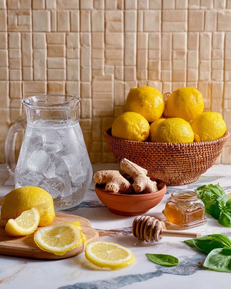 The image shows a clear glass jug filled with ice water on the left side, surrounded by bright yellow lemons arranged in a woven basket in the background and loose on a white marbled surface. In front, there are several lemon slices on a small wooden cutting board placed near the center. A small terracotta bowl filled with fresh ginger roots sits at the front right, while a honey jar with a wooden honey dipper is on the far right. Green basil leaves are scattered across the surface near the ingredients, and a silver lemon squeezer is positioned near the honey jar. The background features a light beige tiled wall with small square tiles. Photo taken with an iphone --ar 4:5 --v 7