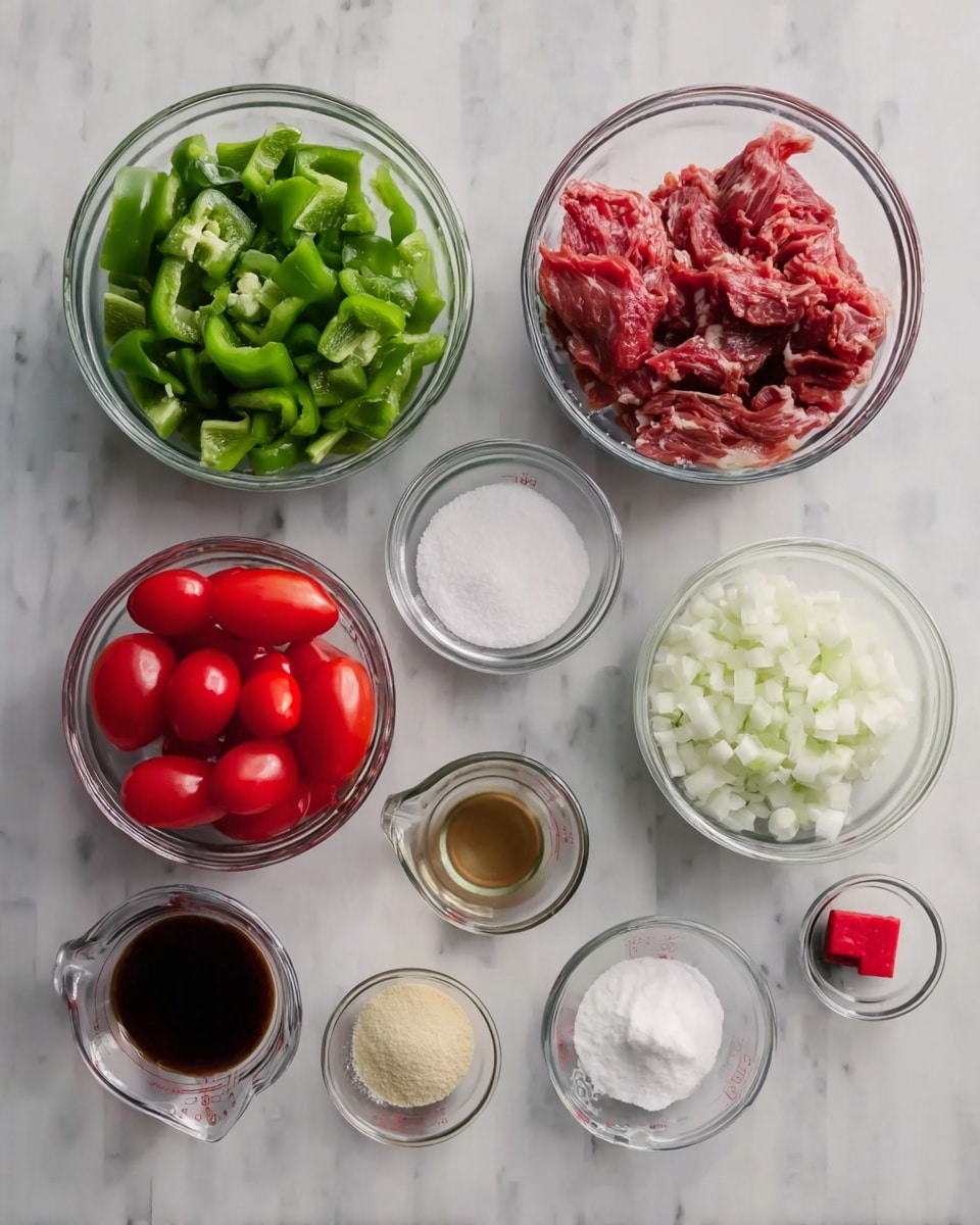 The image shows several clear glass bowls of ingredients on a white marbled surface. In the top left, there is a bowl with chopped green bell peppers, with bright green color and a fresh, chunky texture. To the right, a bowl filled with thin slices of raw red meat stacked lightly together, showing a mix of red and pink hues. Below the meat, there is a tiny bowl of white salt and next to it a small bowl of white sugar. Under the green peppers, there is a bowl with peeled, whole red tomatoes in a red liquid. To the right of that, a small bowl with finely chopped white onions, and next to it, a bowl containing white powder, likely cornstarch. Below these, three clear measuring cups are aligned side by side: one empty, one with dark brown soy sauce, and one with a clear liquid, likely vinegar. Next to them, a small bowl holds pale yellow powder, possibly garlic or onion powder, and a tiny bowl with a red spice cube and a bit of dark seasoning. photo taken with an iphone --ar 4:5 --v 7