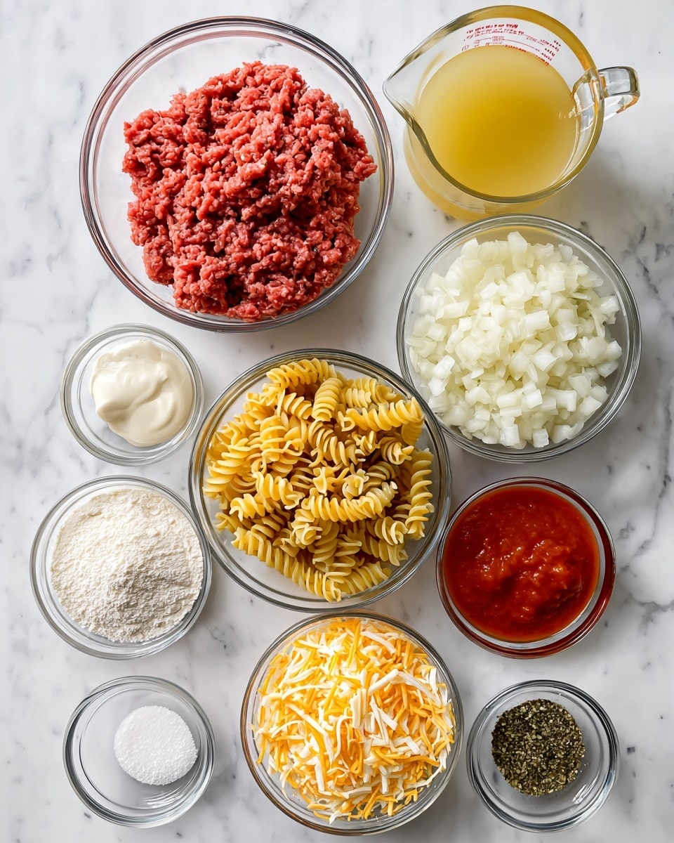 The image shows eleven clear glass bowls arranged on a white marbled surface. In the top center, there is a bowl filled with raw ground beef showing a bright red texture. To its right, a large glass measuring cup contains light yellow chicken broth. Below the beef bowl and to the left is a large bowl filled with yellow dry spiral pasta. Next to it on the right is a small bowl with finely chopped white onions. Below the broth on the far right is a small bowl with a green mix of dried basil, oregano, and parsley. Below the onion bowl is a bowl filled with a red tomato sauce. To its right, there is a large bowl filled with shredded orange and white cheese. At the bottom left, four smaller bowls hold white flour, a garlic clove, clear olive oil, and a small amount of salt and black pepper. Lastly, a small bowl of white heavy cream is placed to the far left near the top of the image. All containers are clear glass and the whole scene is lit by natural light. Photo taken with an iphone --ar 4:5 --v 7