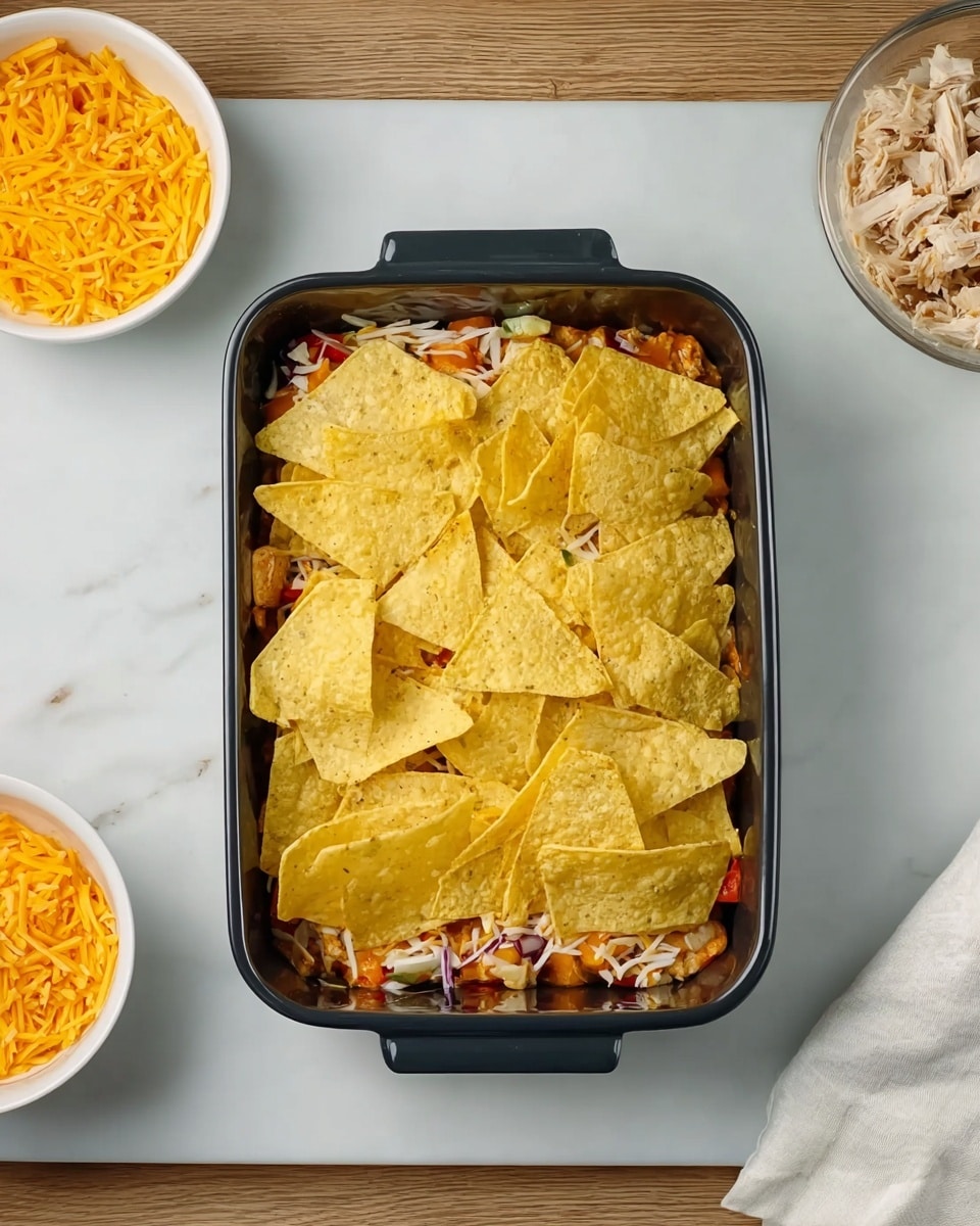 A rectangular black baking dish is filled with multiple layers of food. The bottom layer is mixed diced vegetables and shredded chicken, showing different colors like orange, white, and purple. On top of this layer, there is shredded cheese scattered unevenly, visible through the gaps. The top layer consists of overlapping yellow corn tortilla pieces, arranged flat and covering the entire surface. The dish sits on a white marbled surface, with a white bowl of shredded orange cheese on the left side and another white bowl of shredded chicken on the right side. A white cloth napkin is placed near the bowl on the right. photo taken with an iphone --ar 4:5 --v 7