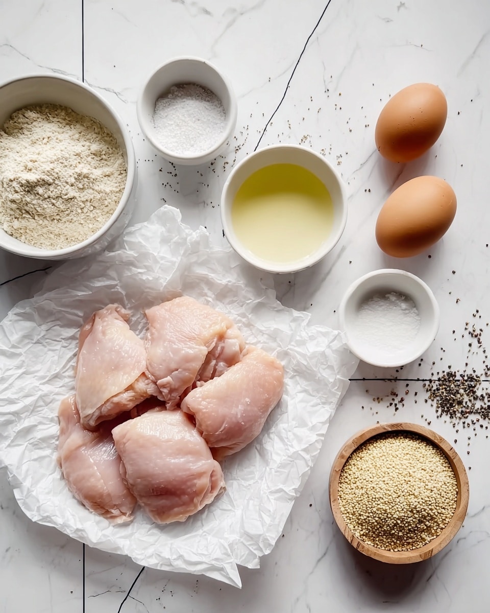 The image shows raw chicken pieces placed on white crumpled paper at the center on a white marbled surface with black grid lines. Surrounding the chicken are small white bowls filled with flour, salt, and a pale yellow liquid. Next to them are two brown eggs, a bowl of coarse breadcrumbs, and a small wooden bowl with freshly cracked black pepper. The overall visual arrangement is neat and minimal, focusing on the preparation ingredients for cooking. Photo taken with an iphone --ar 4:5 --v 7