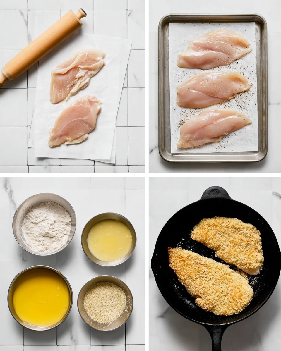 The images show a sequence of preparing thin raw chicken pieces on a white tiled surface. First, one piece is placed between white paper sheets with a rolling pin next to it, showing flattening. Next, four pieces are laid on a silver baking tray, sprinkled with black pepper and seasoning. Below, a three-step coating process is shown: a piece is on white flour, another dipped in yellow beaten egg, and the last dipped in a light golden breadcrumb mixture, each in separate round silver bowls. The final image shows two breadcrumb-coated pieces frying in a black cast iron skillet, with a slight golden crust forming on the side facing up. The scene is clean and well-lit with a white marbled texture visible around the tiled surface photo taken with an iphone --ar 4:5 --v 7