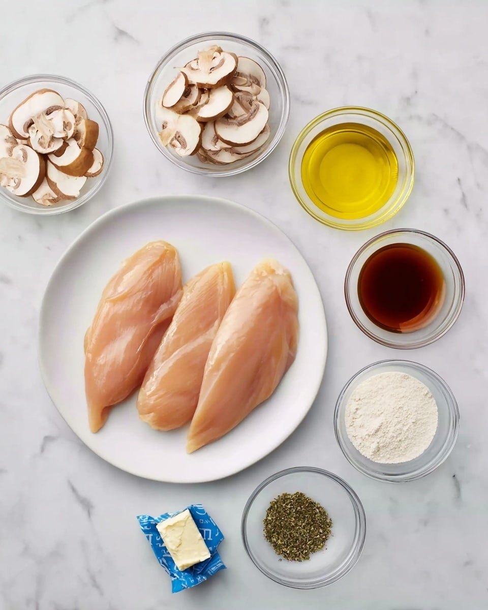 A white round plate holds three raw, skinless chicken fillets, light pink in color with smooth texture, placed on a white marbled surface. Around the plate are eight small clear glass bowls arranged neatly: the top row has one bowl of sliced light brown mushrooms, one bowl with light yellow oil, below them are a bowl with amber liquid, a bowl with dark brown liquid, and a tiny bowl of white salt. The bottom row has a small glass bowl with a blue and white wrapped cube of butter, next to a bowl of white powder (likely flour), followed by two smaller bowls with green herbs and black pepper. The scene is clean, well-lit, and organized. Photo taken with an iphone --ar 4:5 --v 7