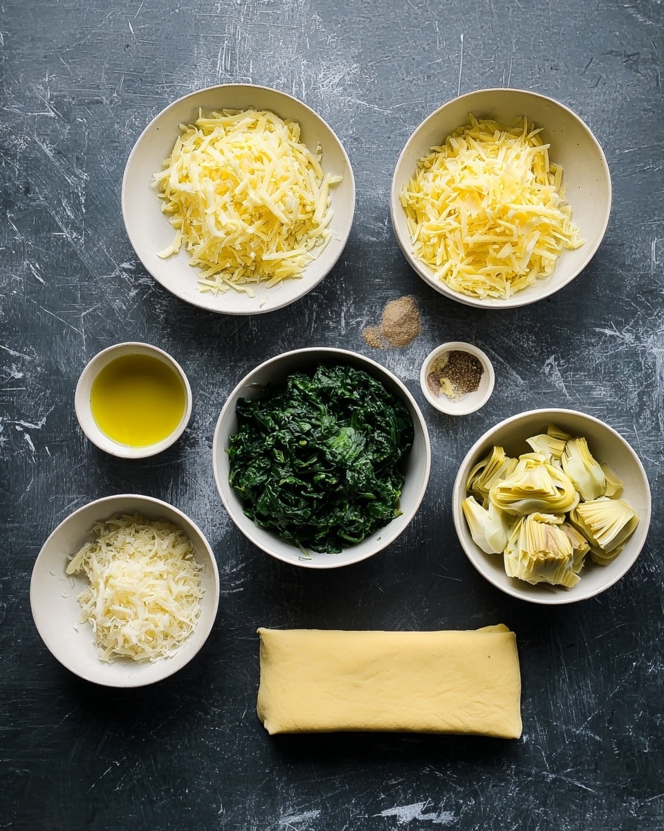The image shows ingredients neatly placed on a dark surface with a white marbled texture. There is a folded sheet of light yellow dough at the bottom center. Above it, there are five bowls: a white bowl with shredded pale yellow cheese on the top left, a white bowl with light yellow grated cheese in the middle, a white bowl with bright green cooked spinach at the top right center, and a white bowl with light yellow artichoke pieces on the top right. Two small white bowls with spices and olive oil are placed on the left side of the dough. The bowls have a smooth, simple look, and the ingredients inside show varied textures from shredded, creamy, to leafy. Photo taken with an iphone --ar 4:5 --v 7