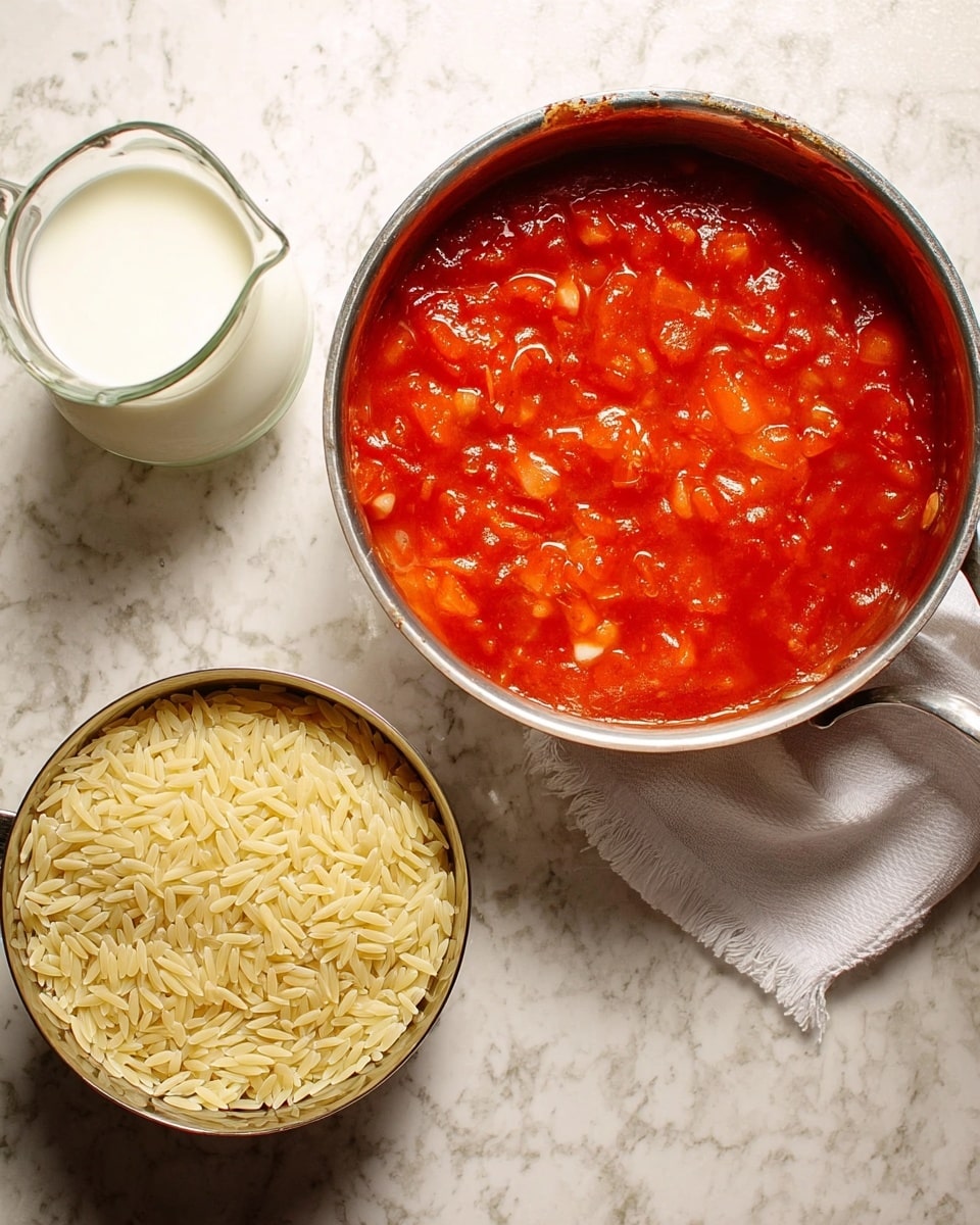 The image shows three items on a white marbled surface: a silver saucepan filled with bright red tomato sauce with visible chunks and a slightly thick texture on the left; a small glass pitcher with white cream or milk on the top right; and a small silver pot with short, smooth, pale yellow pasta resembling orzo placed on the bottom right. A white cloth is partially visible under the saucepan. Photo taken with an iphone --ar 4:5 --v 7