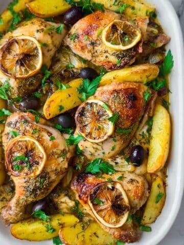 Greek Chicken and Potatoes with Lemon-Garlic Sauce Recipe