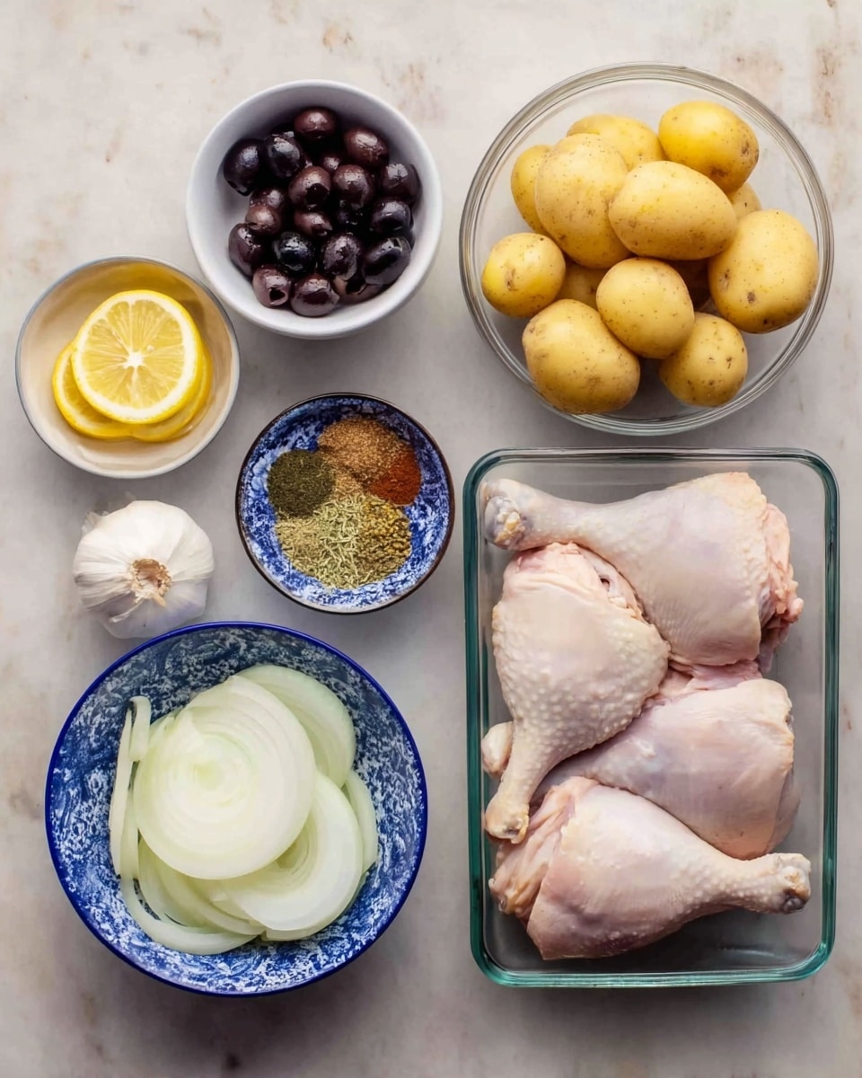 The image shows several cooking ingredients arranged neatly on a white marbled surface. On the left, a small white bowl has dark olives inside. Below it, a white bowl holds thin lemon slices, and a whole garlic bulb is placed beside it. Next to the garlic, there is a small white bowl with dry herbs and spices that include light brown and green colors. A blue and white patterned bowl contains several thick onion slices. Above these ingredients, a clear glass bowl holds four whole yellow potatoes. On the right side of the image, a clear glass baking dish contains four raw chicken thighs with pale pink skin. photo taken with an iphone --ar 4:5 --v 7