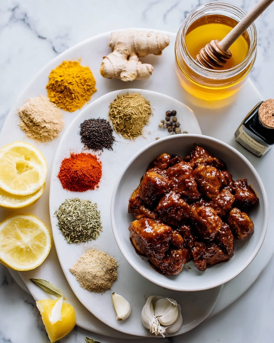 The first image shows a white round plate on a white marbled surface, filled with various spices neatly arranged in small piles. Starting from the top, there is light yellow turmeric, beige ginger powder, and next to them a jar of honey with a honey dipper. On the left, several lemon wedges are arranged close to each other. Below the turmeric and ginger powder is bright red paprika, dark brown cinnamon, green oregano, orange cayenne, black and white salt and pepper mix, brown cumin, and olive oil bottle and garlic cloves are placed nearby on the white marbled surface. The second image shows a white round bowl filled with dark brown, sauced chicken pieces, shiny and coated thickly in sauce, all sitting on a white marbled surface. photo taken with an iphone --ar 4:5 --v 7