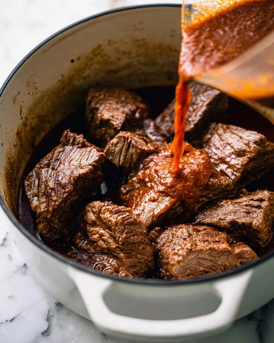 The image shows several large, browned pieces of cooked meat inside a white pot with a black rim and handle. A reddish-brown sauce is being poured over the meat from a container at the upper right corner, creating a swirling motion as it spreads across the thick, textured meat chunks. The background is a white marbled surface that contrasts softly with the dark colors of the pot and sauce. Photo taken with an iphone --ar 4:5 --v 7