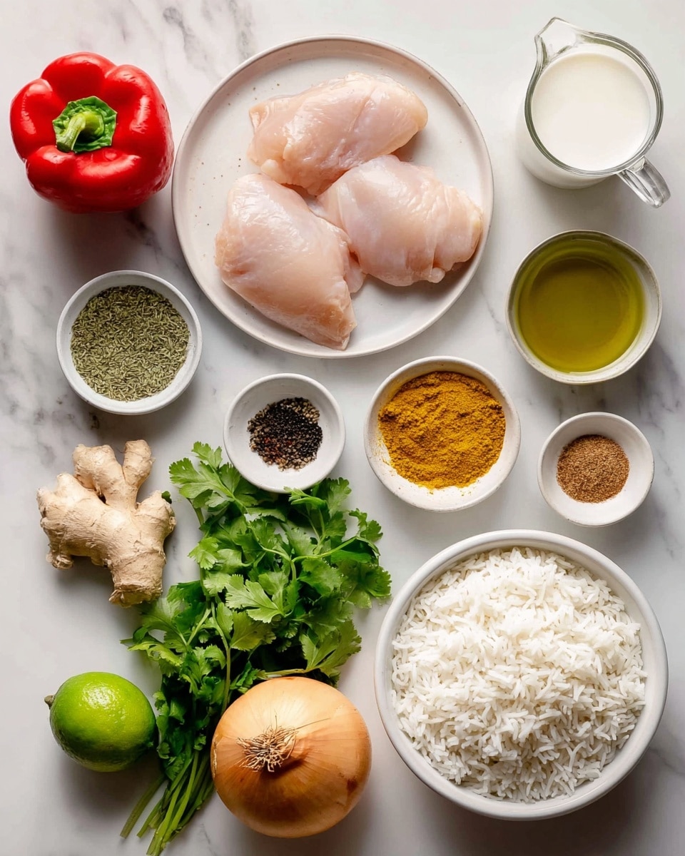 The image shows a top view of different cooking ingredients arranged neatly on a white marbled surface. In the center, there is a white plate with three smooth, light pink raw chicken pieces. To the right of the plate, a clear glass cup of coconut milk with a handle is placed, and below it, a small white bowl with yellow curry powder. Next to the curry powder, small bowls contain black pepper, coriander, and garam masala in brown tones. On the bottom right, a white bowl is filled with fluffy white rice. On the left side, a large shiny red bell pepper is beside a small dish of golden olive oil. Near the bottom left, fresh green cilantro leaves, light tan fresh ginger, and white garlic cloves are distributed casually. A bright green lime and a large round brown onion complete the ingredient display. All items are set on the white marbled surface in a clean, organized way. Photo taken with an iphone --ar 4:5 --v 7