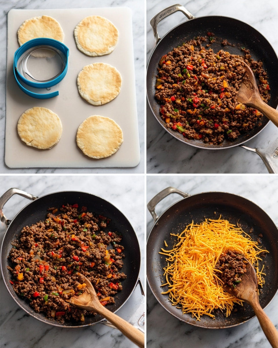 The first image shows a white marbled surface with a silicone baking mat on top, where several round dough pieces have been cut, one round cutter with a blue rim is resting on the dough. The second image shows a black pan on the same white marbled surface, filled halfway with cooked crumbly ground beef being stirred by a wooden spoon. The third image has the same black pan with the ground beef now mixed with small pieces of red and green bell peppers, stirred with the wooden spoon. The fourth image shows the black pan again with the ground beef mixture now including shredded bright orange cheddar cheese, stirred with the wooden spoon. Photo taken with an iphone --ar 4:5 --v 7
