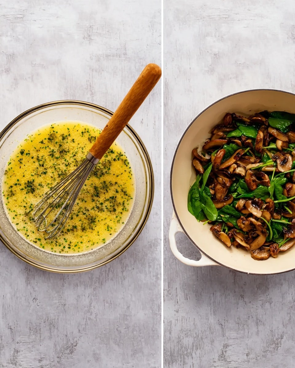 A clear glass bowl containing a yellow mixture with small green herbs spread evenly inside, a light wooden whisk resting in the mixture with its handle pointing out of the bowl, placed on a white marbled surface, next to a white pan with a wide handle filled with cooked brown sliced mushrooms and bright green spinach leaves on the same white marbled surface photo taken with an iphone --ar 4:5 --v 7
