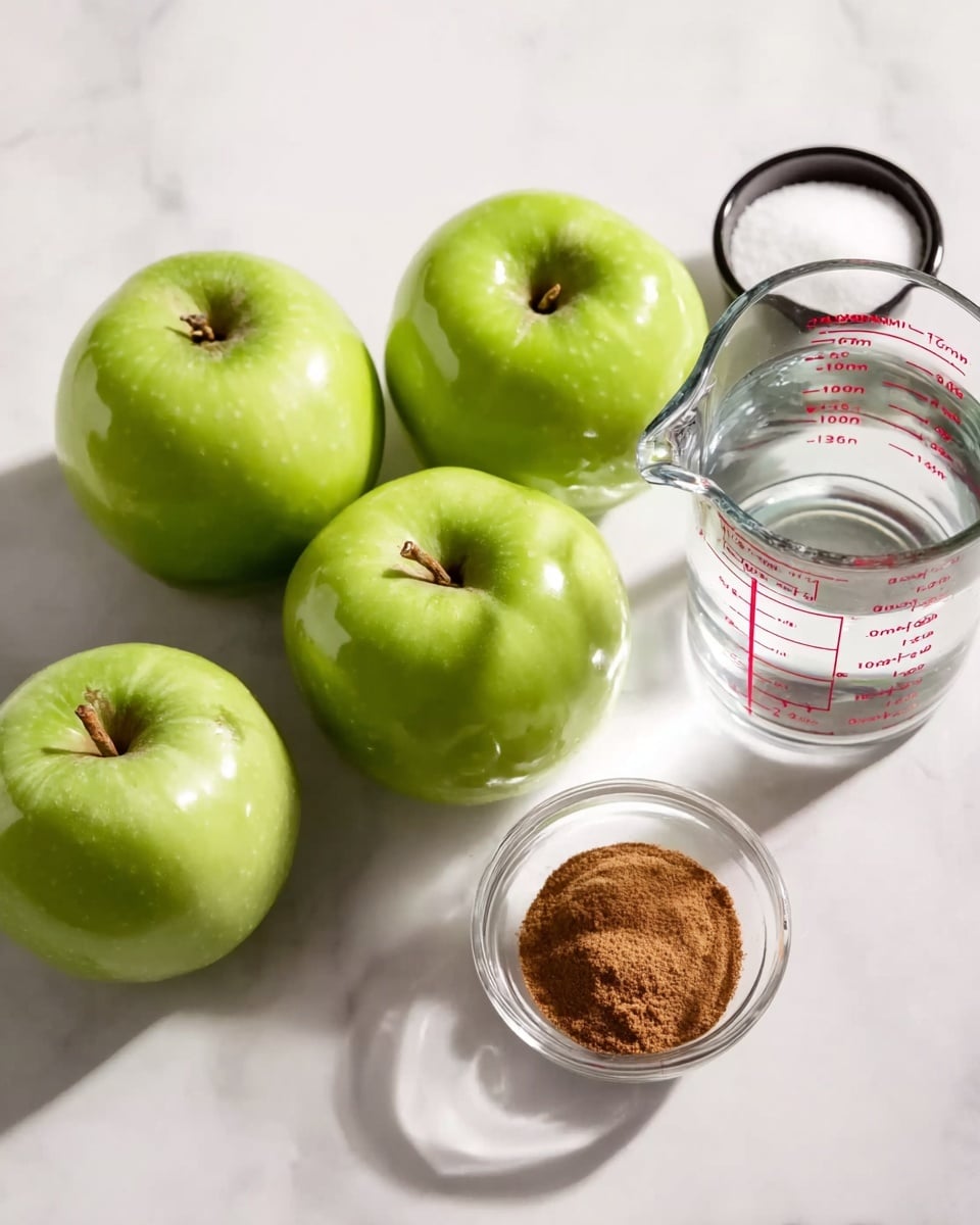 Five green apples with shiny skins and brown stems are arranged on a white marbled surface. To the right of the apples is a clear glass measuring cup filled with water, featuring red measurement markings. Below the measuring cup is a small clear glass bowl containing light brown cinnamon powder. To the left of the cinnamon bowl, there is a black cup filled with white sugar. The scene is bright and clean with soft shadows around the objects. photo taken with an iphone --ar 4:5 --v 7