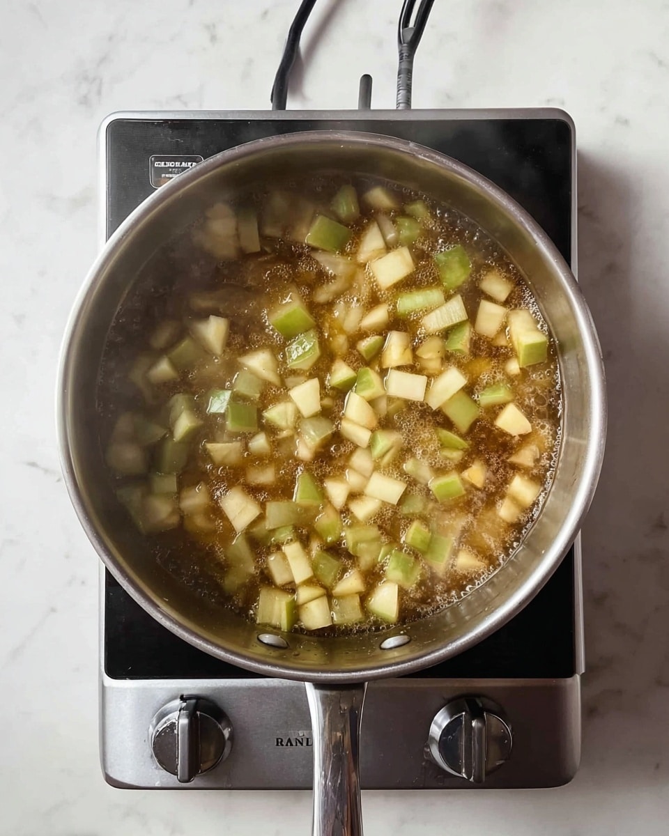 A top-down view of a stainless steel pan filled with diced light green and pale yellow vegetables cooking in bubbling brown liquid. The pan sits on a black electric stove with silver handles, resting on a white marbled surface. Steam rises softly from the pan, showing gentle simmering action. photo taken with an iphone --ar 4:5 --v 7