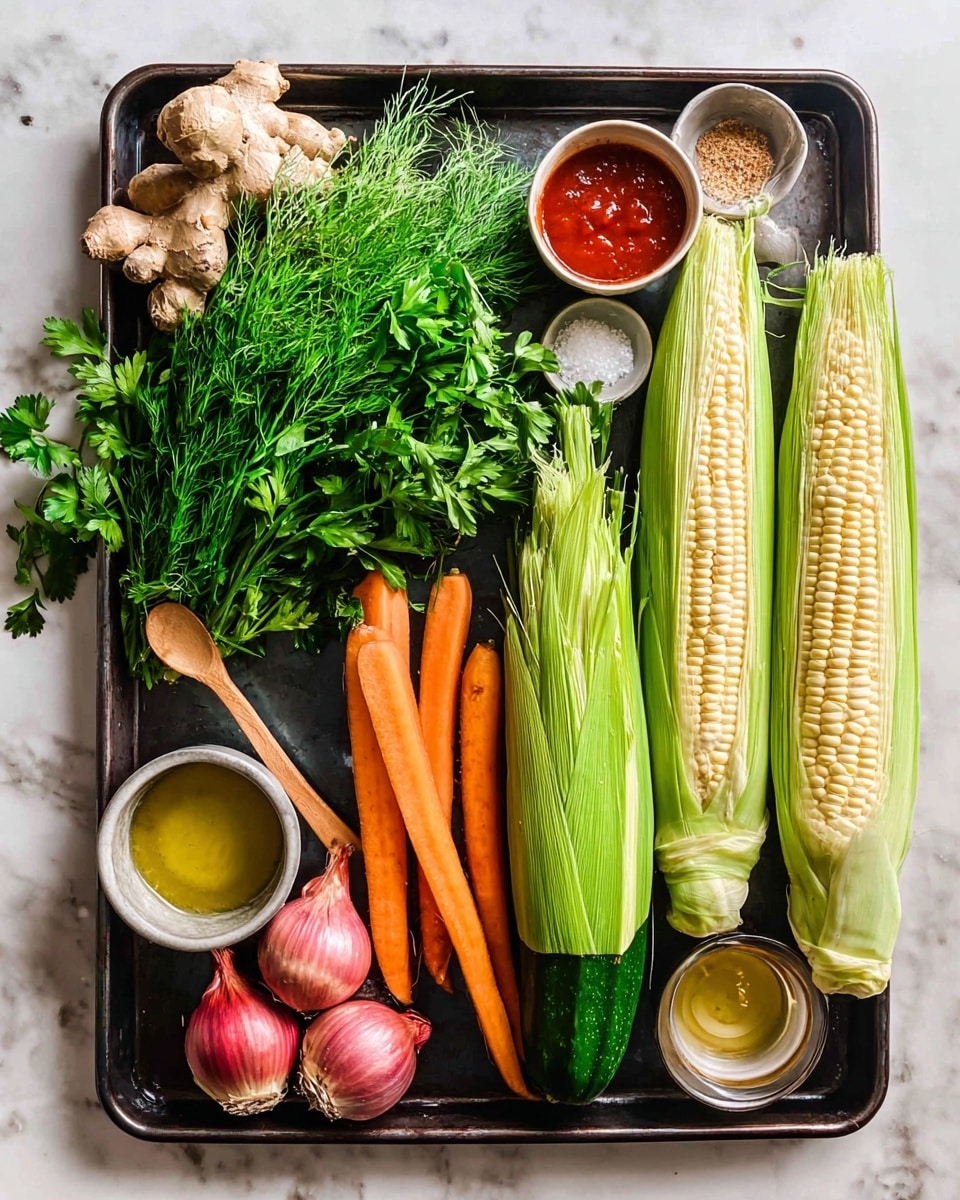 The image shows a large, dark tray on a white marbled surface filled with fresh ingredients. On the right, there are three green corn ears stacked vertically, one partially husked to show pale yellow and white kernels. Next to the corn are bright green, leafy herbs, including parsley and dill, layered to show their textures. Toward the middle, there is a dark green cucumber and two long, smooth orange carrots lying side by side. On the left, there are two shallots with red-purple skins, a piece of knobbly brown ginger, and small bowls with red sauce, white salt with a wooden spoon, golden oil, and ground spice, along with two garlic cloves placed nearby. photo taken with an iphone --ar 4:5 --v 7