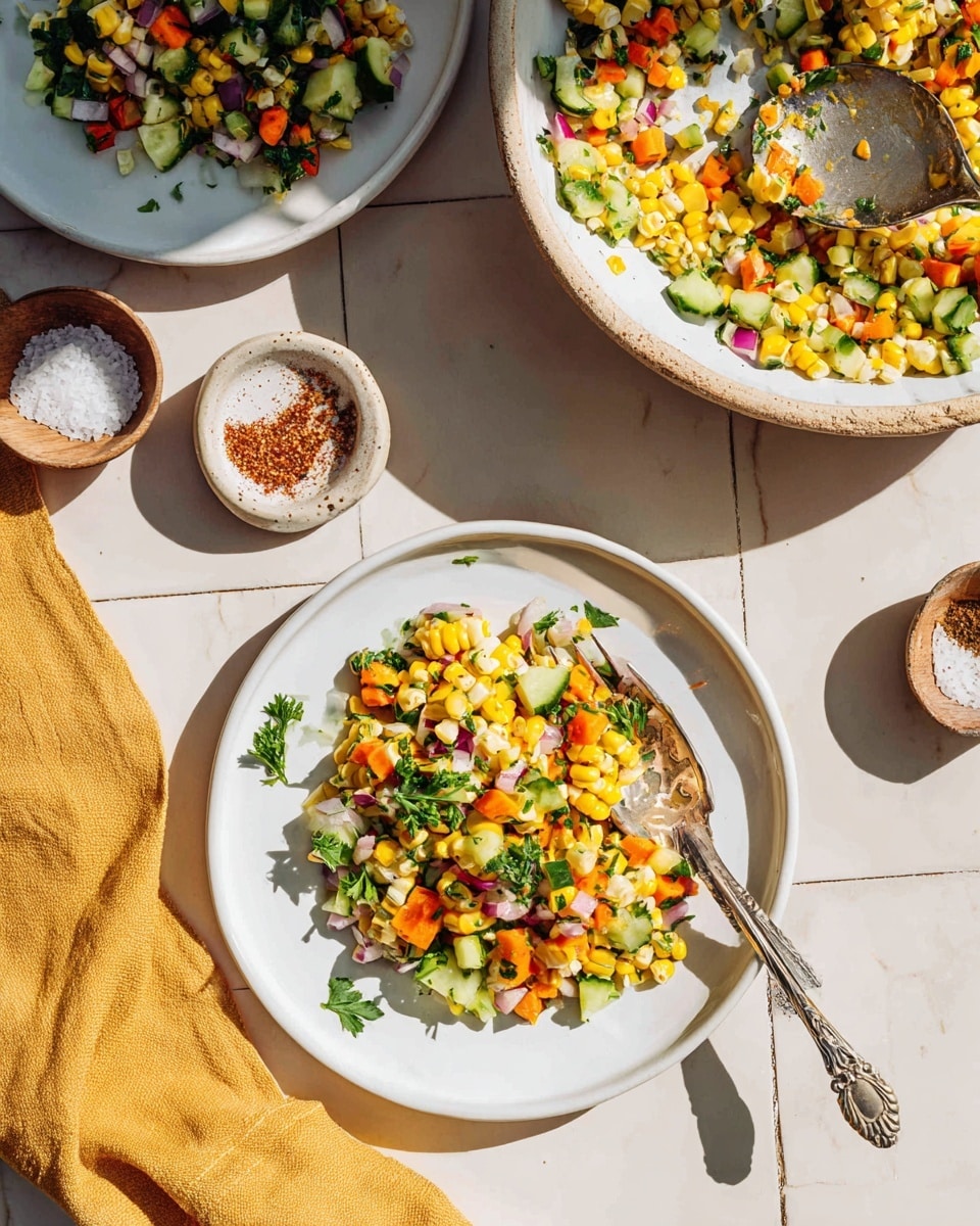 The image shows a colorful salad served on a white plate, placed on a white marbled tiled surface. The salad has several layers of bright ingredients, including yellow grilled corn kernels, orange diced carrots, green cucumber pieces, finely chopped red onions, and fresh green parsley leaves mixed throughout. The textures range from the smooth, juicy vegetables to some slightly charred kernels of corn adding a bit of depth. A silver fork with an ornate handle rests on the plate with a few pieces of salad on its prongs. Nearby, a larger white bowl full of the same mixed salad is partially visible at the top right. There are small ceramic bowls filled with coarse salt and ground spice on the left side, along with a folded mustard-yellow cloth napkin in the bottom left corner. The overall look is fresh, vibrant, and inviting, with natural lighting casting soft shadows. Photo taken with an iphone --ar 4:5 --v 7