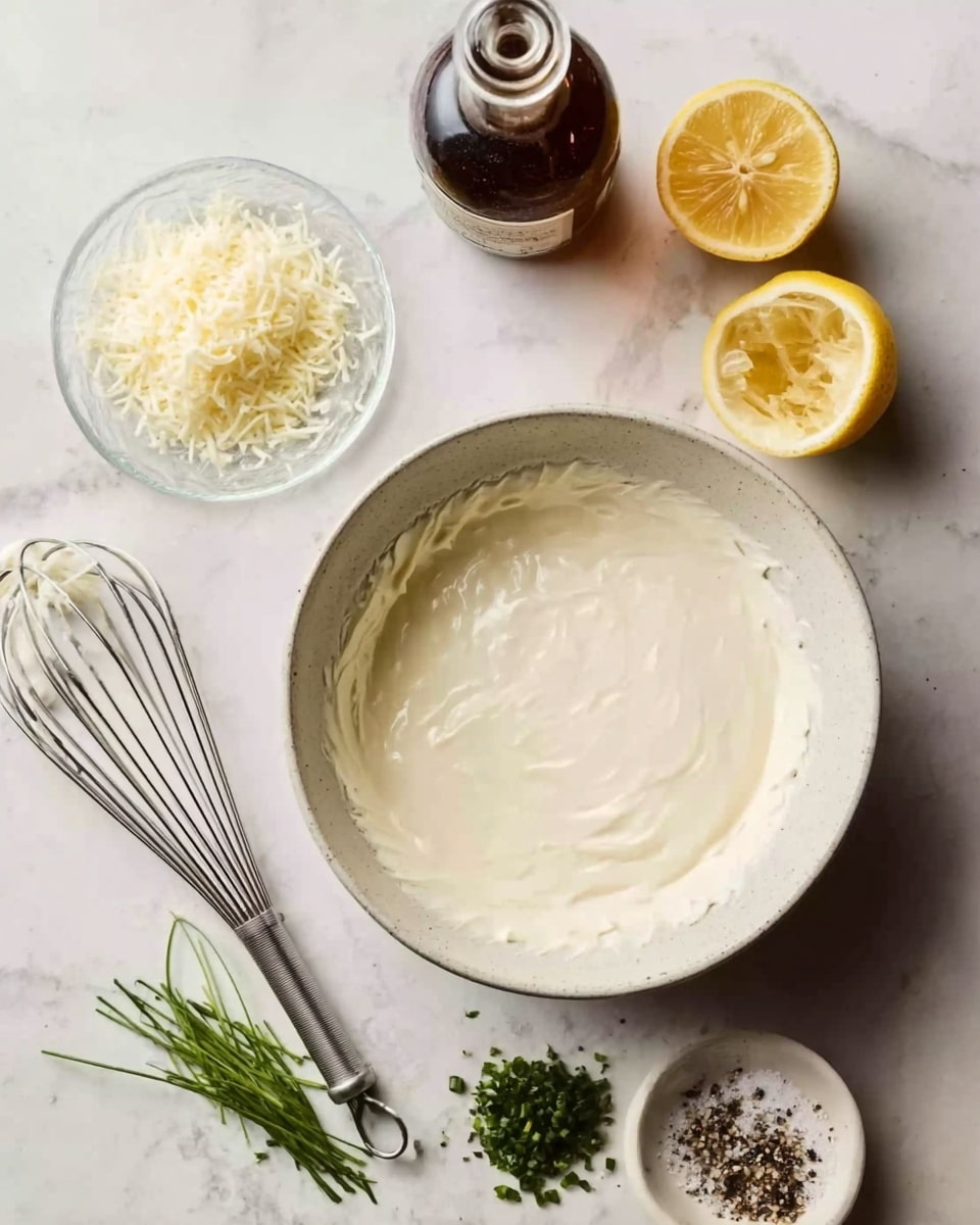 A white bowl filled with a soft, creamy white mixture sits in the center on a white marbled surface. To the top left of the bowl, there is a small clear dish holding grated cheese, next to a wire whisk. Above the bowl, a small bottle with a dark liquid and two lemon halves face upwards on the right. Below the lemon halves, some green chopped herbs lie scattered. Near the bottom center, a small white dish contains salt and pepper. The image shows a clean, organized scene with natural light. photo taken with an iphone --ar 4:5 --v 7