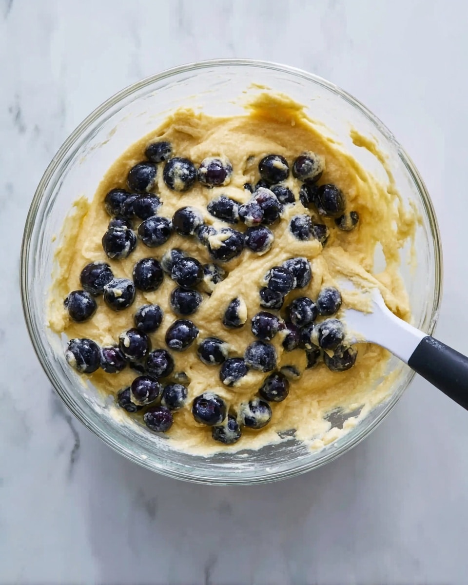 A clear glass bowl filled with light yellow thick batter mixed with whole dark blue blueberries. A white spatula with a black handle is partially dipped in the batter on the right side of the bowl. The bowl is placed on a white marbled surface. photo taken with an iphone --ar 4:5 --v 7