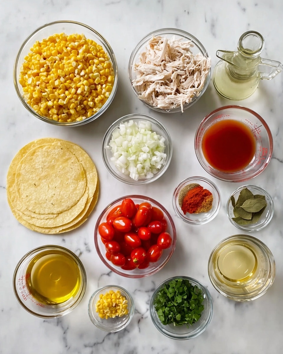 The image shows many small clear glass bowls and two clear measuring cups placed carefully on a white marbled surface. There are yellow corn kernels in one large bowl, shredded light beige chicken in another, and bright red whole peeled tomatoes in a medium bowl. A few small bowls hold finely chopped white onions, green cilantro, yellow minced garlic, green chopped green chiles, dark green bay leaves, and some orange-red spices. Two clear measuring cups contain light golden and clear liquids, while a darker red liquid fills a small bowl. Three pale yellow corn tortillas are stacked flat next to the bowls. The scene looks organized and bright. photo taken with an iphone --ar 4:5 --v 7