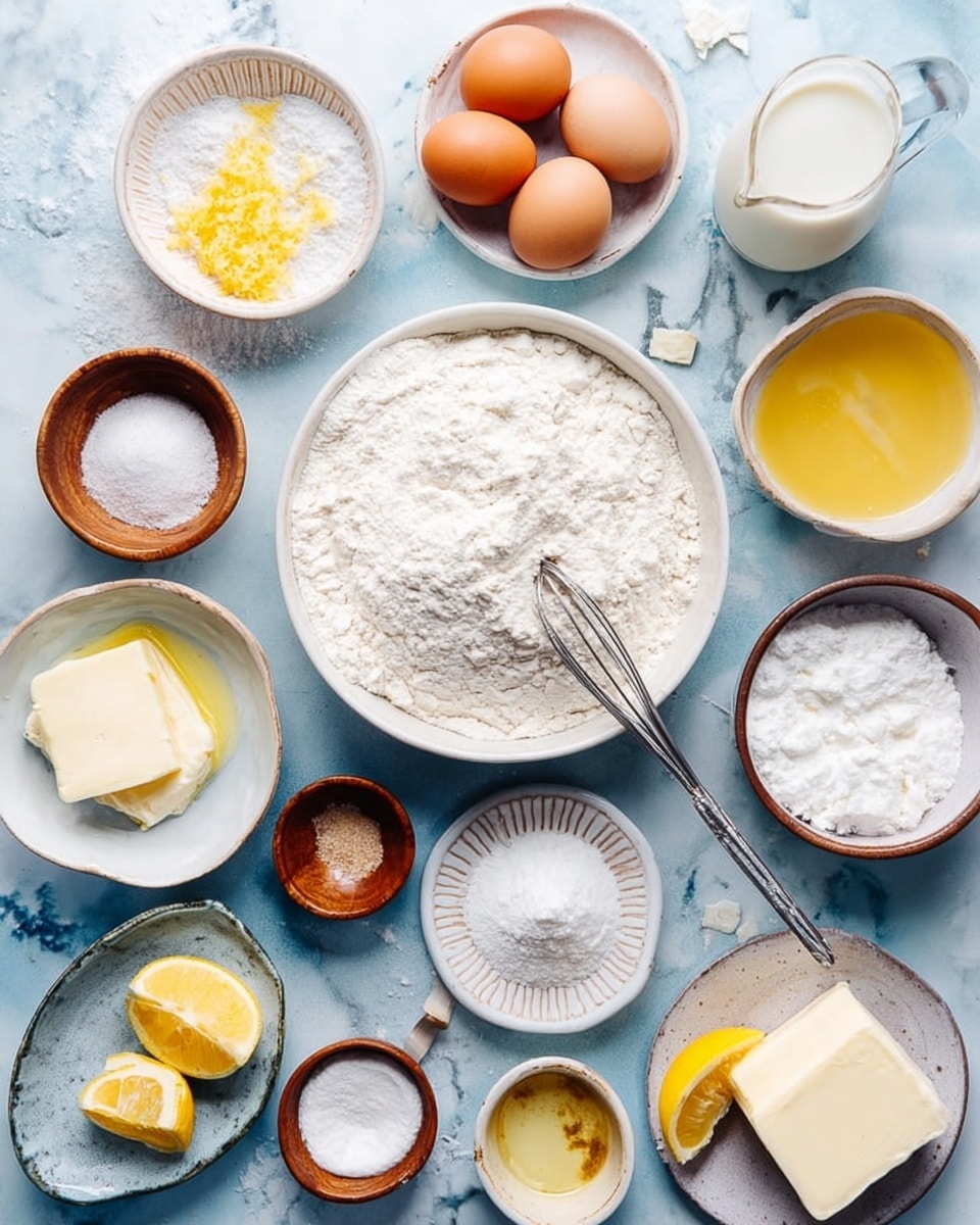 The image shows many small white bowls and plates arranged on a white marbled surface, each holding different baking ingredients. In the center, there's a large white bowl filled with white flour and a metal whisk resting inside. Around it are three brown eggs in a round bowl, a white bowl with melted butter, and a round bowl with white sugar. There are two small wooden bowls with lemon zest and salt, a bowl with brown powder, and a bowl with vanilla liquid. A slice of lemon and a block of cream cheese are on a small plate beside a bowl of white powdered sugar with a spoon. There are also lemon slices on a white plate and a glass jug with milk. The colors are soft and natural, with a calm blue background beneath the white marbled surface. photo taken with an iphone --ar 4:5 --v 7