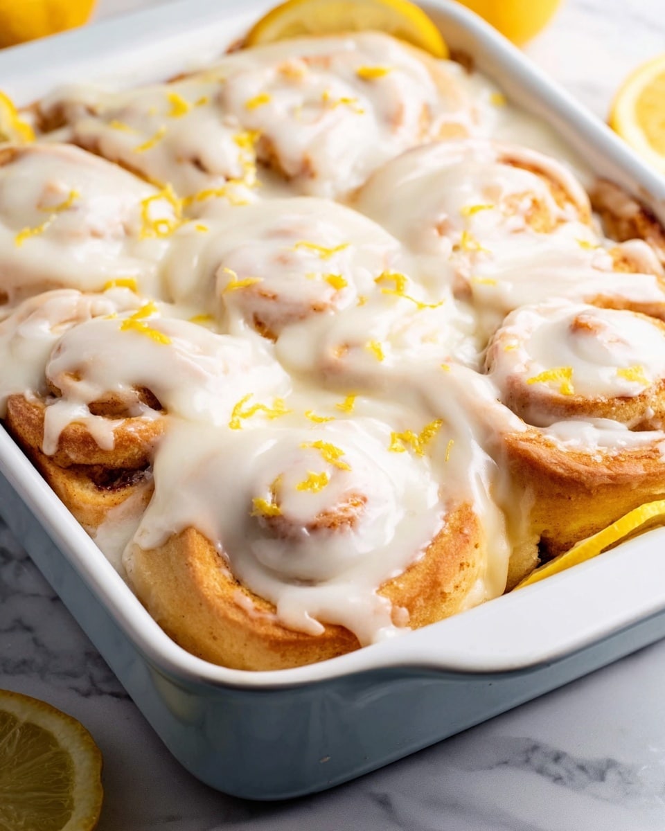 A white rectangular dish filled with several golden-brown cinnamon rolls covered in a thick, creamy white icing. The rolls are arranged tightly next to each other in two layers, with the icing slightly dripping down the sides. Small yellow lemon zest bits are sprinkled on top along with thin lemon wedges placed along the edges for decoration. The dish sits on a white marbled surface. photo taken with an iphone --ar 4:5 --v 7