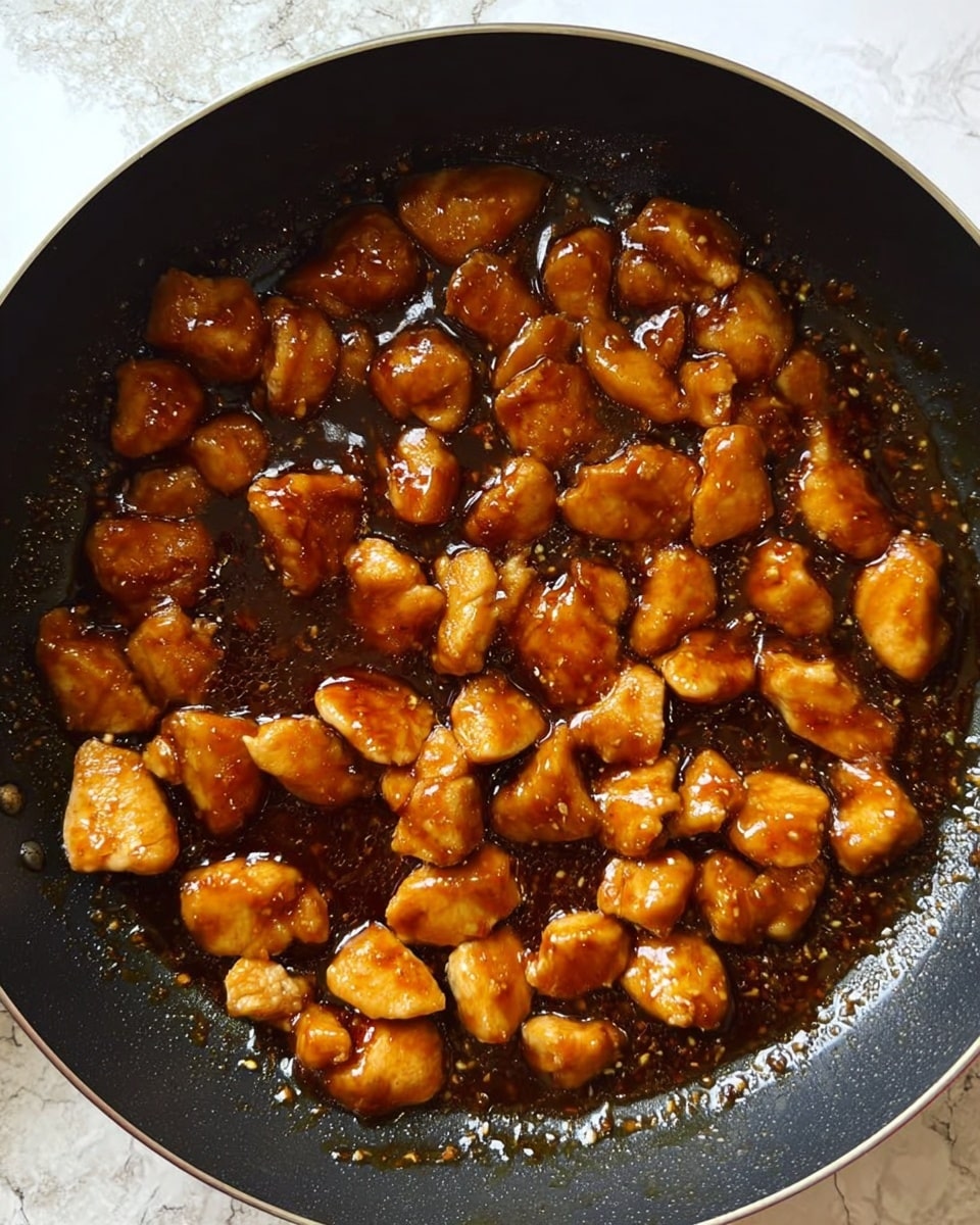 A black pan filled with many small pieces of light golden brown cooked chicken, all covered in a thick, shiny dark brown sauce. The sauce has a glossy texture and fills the spaces between the chicken pieces, giving the dish a rich look. The pan is placed on a white marbled surface with a bit of texture visible around it. photo taken with an iphone --ar 4:5 --v 7
