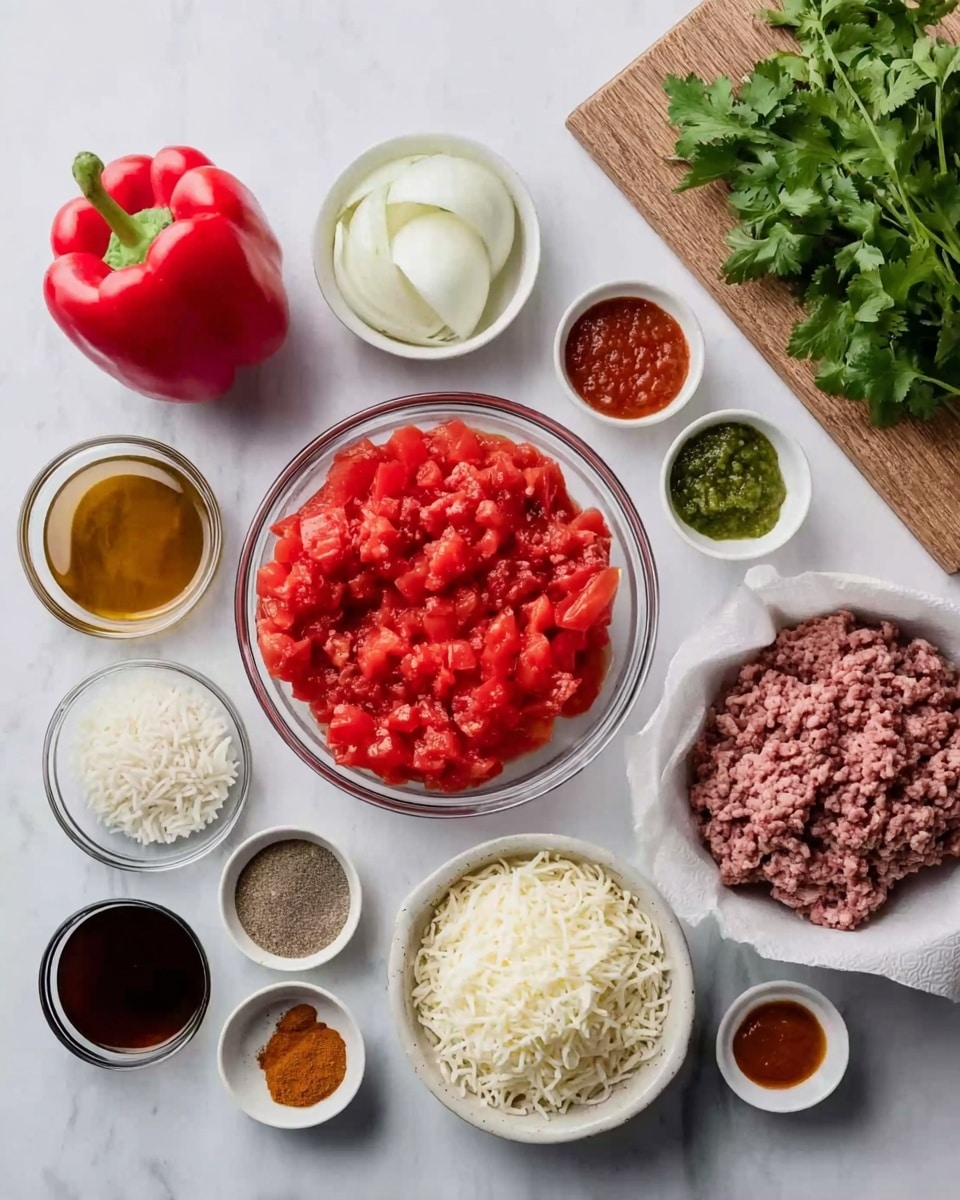 The image shows a collection of ingredients neatly arranged on a white marbled surface, all placed in clear or white bowls. In the center is a clear bowl filled with bright red chopped tomatoes. To the right, a white bowl holds raw ground meat with a paper towel underneath. Next to it, there is a small white bowl with shredded white cheese. On the left side, a small bowl contains white rice, and another one nearby has chopped white onions. A red bell pepper is whole, placed near the top left. Small clear bowls hold minced garlic, dark brown soy sauce, a light brown powder (likely a spice), green relish, bright red tomato paste, and a small bowl with salt. A wooden board with fresh green cilantro is partially in view at the top right. A woman's hand is not present in the image. Photo taken with an iphone --ar 4:5 --v 7
