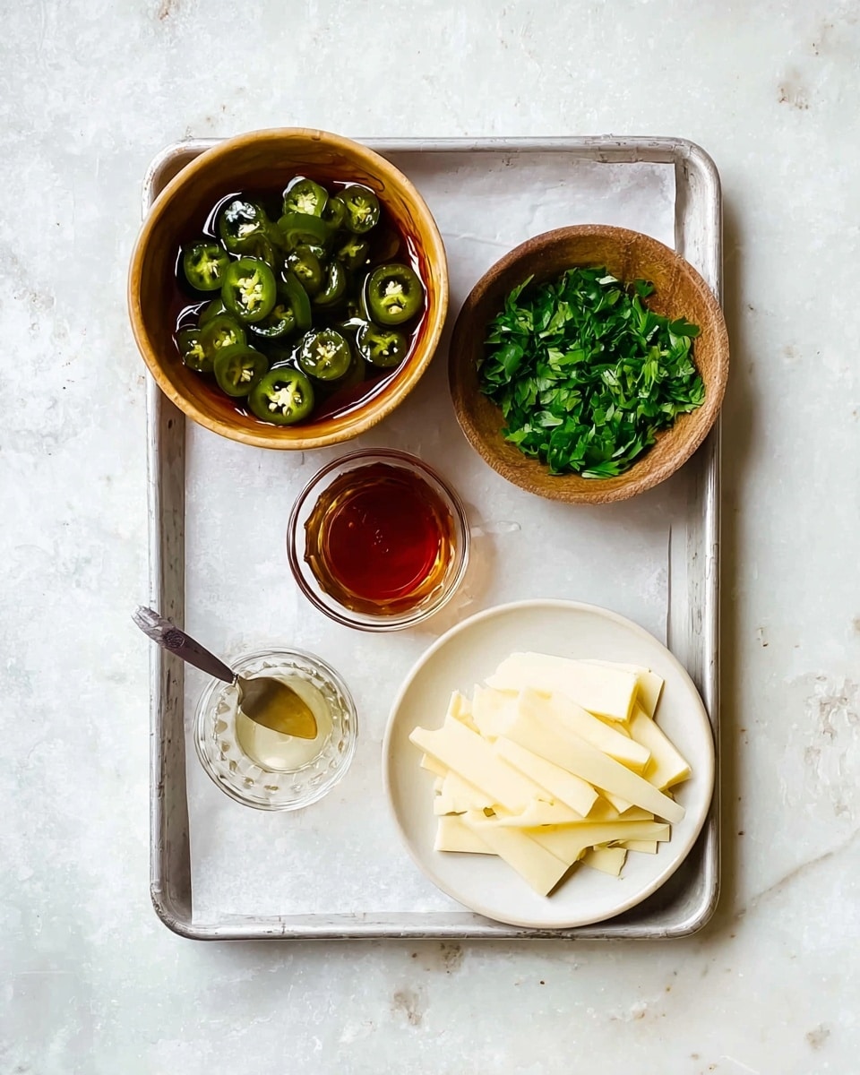 A silver tray holds four items arranged in a square pattern on a white marbled surface. In the top left corner, a wooden bowl is filled with green sliced jalapeños soaking in a light brown liquid. To the right, another wooden bowl contains chopped fresh green herbs. Below the jalapeños, a small clear glass container holds honey with a silver spoon resting inside. In the bottom right corner, a white plate displays several thin, pale yellow slices of cheese stacked loosely. The overall look is clean with simple colors and textures. Photo taken with an iphone --ar 4:5 --v 7