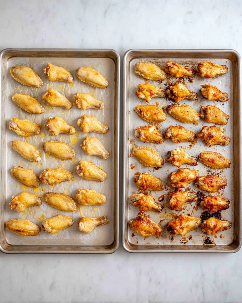 Two side-by-side metal baking trays are placed on a white marbled surface. The tray on the left has 24 chicken wings arranged in neat rows on parchment paper, each wing pale yellow with light golden patches, showing a lightly cooked and slightly crispy texture. The tray on the right has the same number of wings in similar neat rows, but these wings are a deeper golden brown with a more roasted and crispy look, showing some darker spots from baking. Both trays have a slightly shiny, oily surface on the wings and small charred bits on the parchment paper beneath. photo taken with an iphone --ar 4:5 --v 7