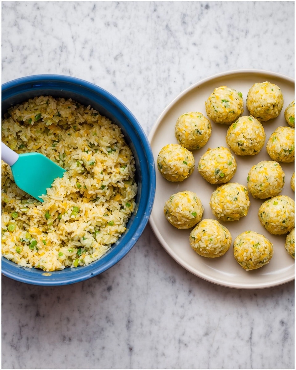 The image shows two parts: on the left, a blue pot filled with a textured mixture of rice, green small vegetable pieces, and yellow bits, with a teal silicone spatula inside. The rice mixture looks soft and mixed well. On the right, there is a white round plate with around 23 small rice balls neatly arranged in a curved pattern. Each rice ball is light yellow with visible green and white rice grains, showing a moist and firm texture. Both parts of the image have a white marbled surface beneath them. Photo taken with an iphone --ar 4:5 --v 7