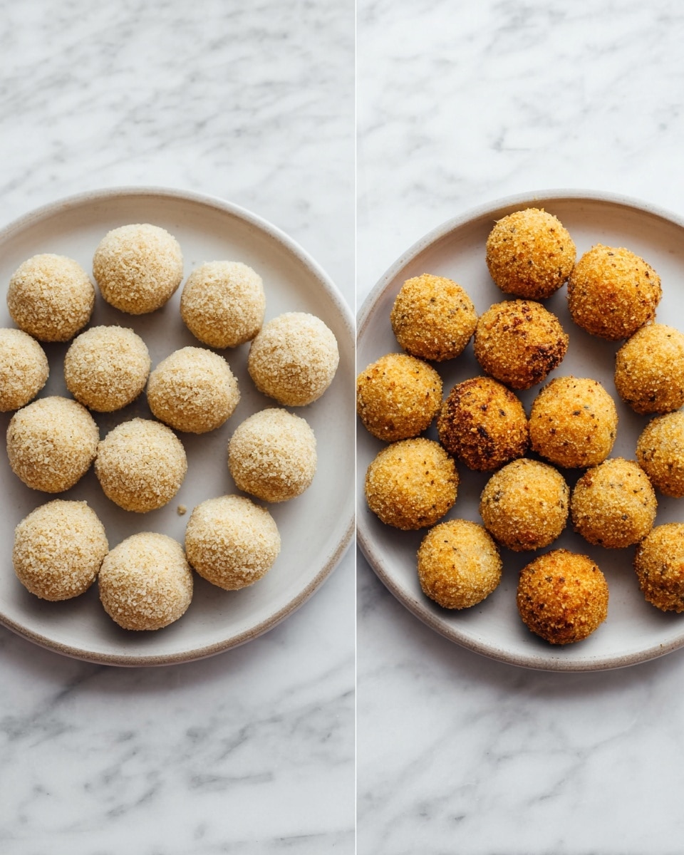 Two white plates sit side by side on a white marbled surface. The left plate holds 24 round balls arranged in a loose grid, each ball coated with a light beige, crumbly texture. The right plate also holds 24 balls, arranged similarly, but these have a golden brown, crispy outer layer that looks crunchy and slightly uneven in color with specks of seasoning. Both plates and the balls are evenly lit, showing clear textures and natural colors. photo taken with an iphone --ar 4:5 --v 7