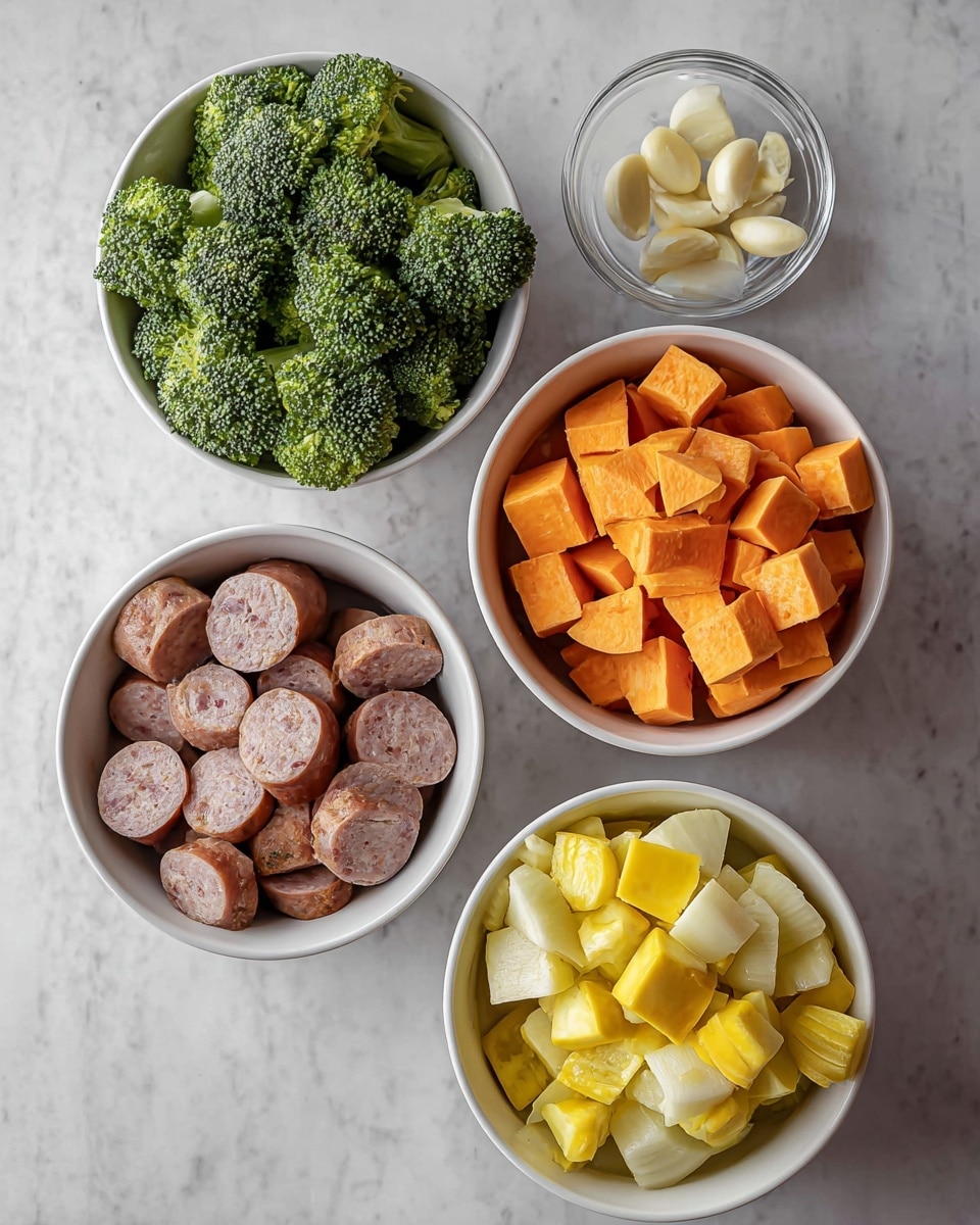 The image shows four white bowls arranged on a white marbled surface, each filled with different food ingredients. Starting from the top right, there is a bowl filled with bright orange cubes of sweet potatoes. Below it, another white bowl contains round slices of sausage with a light pinkish-brown color and visible bits inside. To the left of the sausage bowl is a white bowl filled with broccoli florets, featuring a rich green color and a textured surface. Below the broccoli, the last white bowl is filled with yellow and pale yellow chunks of squash. Above the bowls, there is a small clear glass dish holding peeled garlic cloves. The setup is neat and arranged for meal preparation photo taken with an iphone --ar 4:5 --v 7
