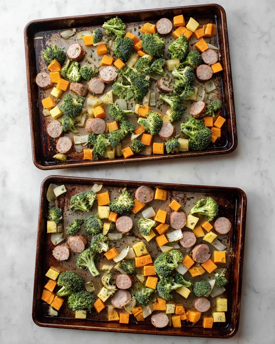 Two old baking trays on a white marbled surface hold a mix of raw vegetables and sliced sausage. Each tray has a scattered layer of bright green broccoli florets with rough texture, along with orange cubes of sweet potato and small, pale yellow cubes of another vegetable, possibly squash. Mixed in are round slices of light brown sausage showing a smooth texture and some visible herbs. The top tray has a more spread-out arrangement, while the bottom tray has a denser cluster of ingredients mostly on one side. The baking trays have dark brown edges with signs of wear. Photo taken with an iphone --ar 4:5 --v 7