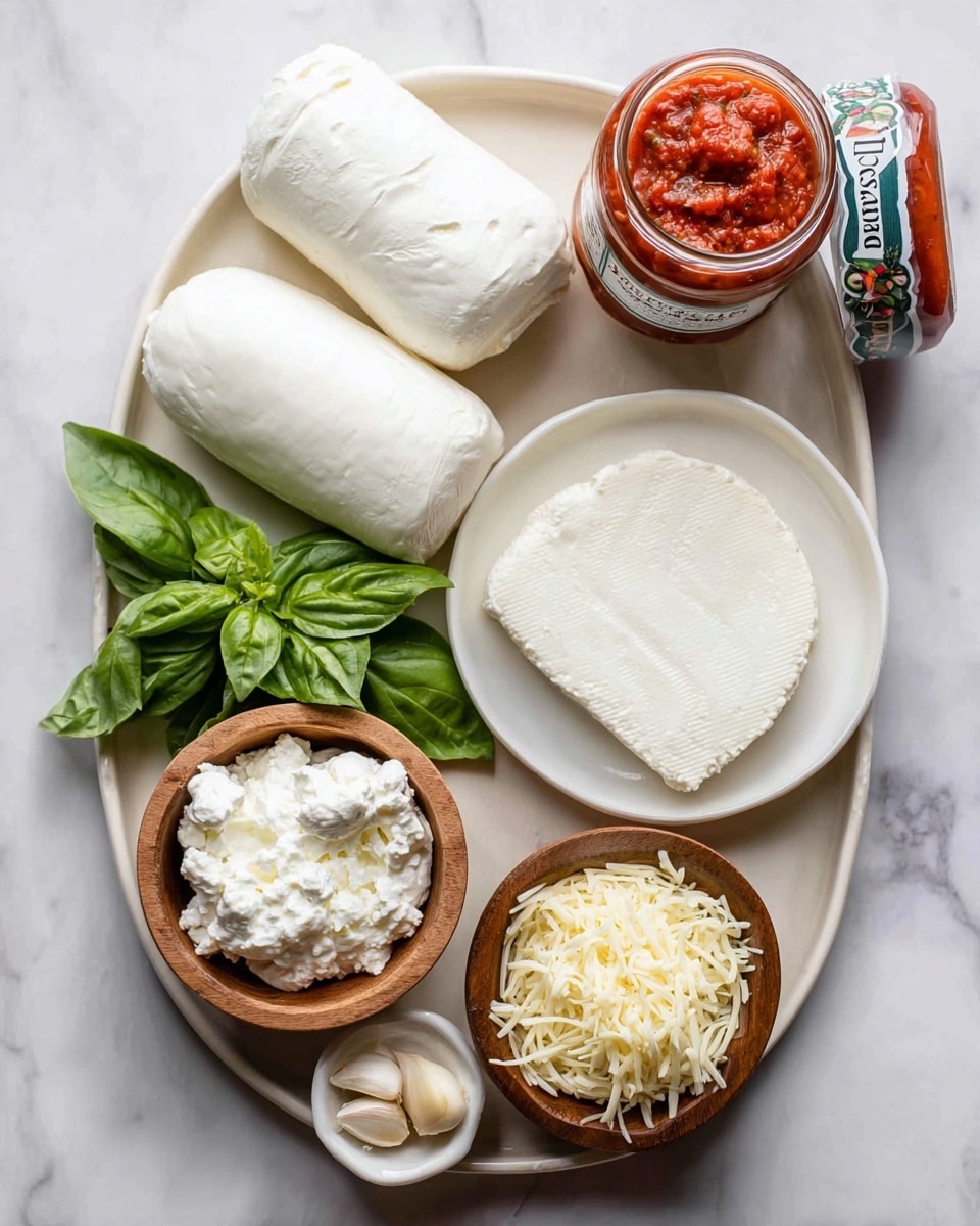 A white oval plate holds two logs of smooth white goat cheese at the center left, with a small cluster of fresh bright green basil leaves next to it. To the right, a white shallow bowl contains a thick slice of creamy white cream cheese. Below, two wooden bowls sit side by side; one filled with soft, pillowy white ricotta cheese and the other with pale yellow shredded mozzarella cheese. In front, a small white dish holds two whole garlic cloves. To the upper right of the plate, a jar of red tomato bruschetta with green and white label rests on the white marbled surface. Photo taken with an iphone --ar 4:5 --v 7