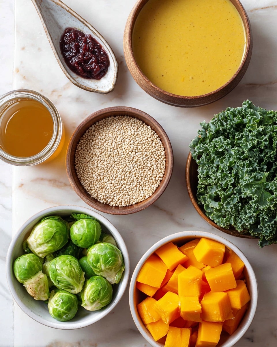 The image shows six containers with different cooking ingredients placed on a white marbled surface. In the top center, a round brown bowl holds a thick yellow sauce or dressing. Next to it on the right, a small brown oval dish contains a dollop of dark red paste. Below these, a medium brown bowl is filled with small round white quinoa grains. To the right of the quinoa, a brown bowl is filled with large green kale leaves with curly edges. At the bottom right, a white bowl contains bright orange cubed pieces that look like pumpkin or squash. On the bottom left, a white bowl holds fresh green Brussels sprouts, some cut in half. There is also a glass jar filled with light brown liquid near the bottom left corner. Photo taken with an iphone --ar 4:5 --v 7