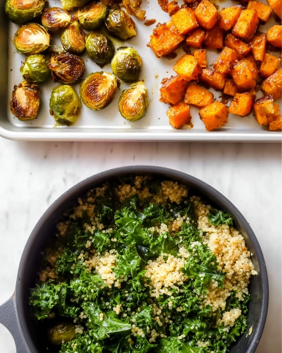 The image shows two parts: on the top, a white tray divided into two sections. The left section has golden brown roasted Brussels sprouts with some crispy edges, while the right section features nicely browned roasted orange sweet potato cubes. Below, there is a close-up of a black pot with fluffy cooked quinoa mixed with bright green kale leaves. The quinoa looks soft with a light texture and the kale leaves are fresh and slightly wilted. The scene is set on a white marbled surface. photo taken with an iphone --ar 4:5 --v 7