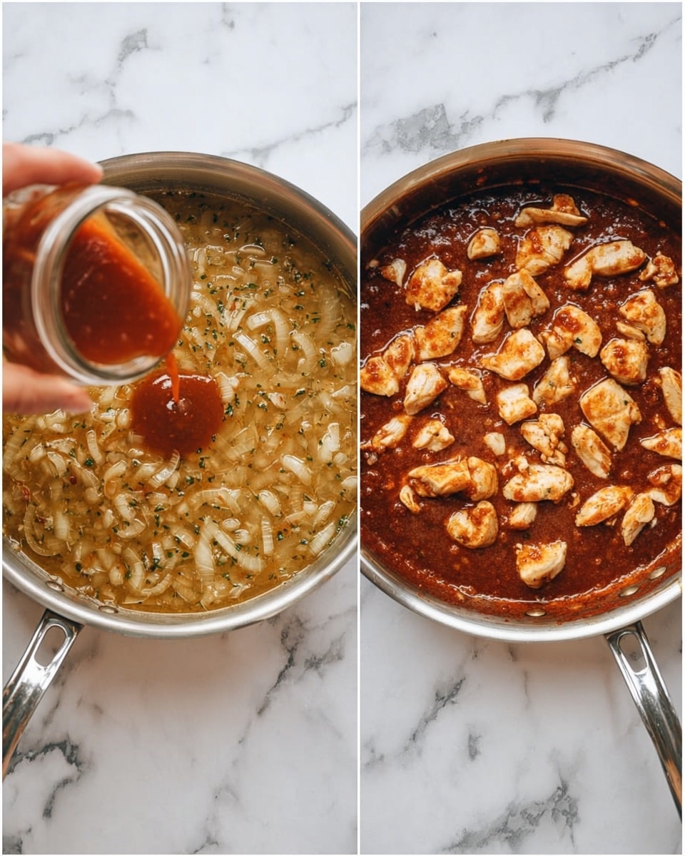 The image shows two metal pans on a white marbled surface. The left pan contains a light brown sauce with visible onion slices and herbs mixed in, with a woman's hand pouring a reddish sauce into it from a small glass jar. The right pan holds a thick, dark red sauce with many small, pale cooked chicken pieces spread on top. Both pans have silver handles and are photographed from above. photo taken with an iphone --ar 4:5 --v 7