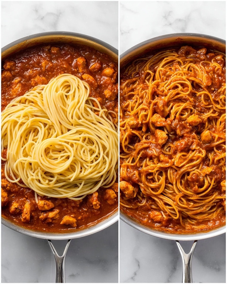 The image shows two silver pans on a white marbled surface. The left pan contains a thick layer of reddish-brown tomato sauce with chunks of cooked chicken, topped with a large nest of pale yellow cooked spaghetti in the center. The right pan shows the same sauce and chicken mixed evenly with the spaghetti, creating a glossy, reddish-orange dish with strands of noodles wrapped around tender pieces of chicken throughout. Both pans have a metal handle visible at the top, and the lighting highlights the texture and shine of the sauce and noodles. photo taken with an iphone --ar 4:5 --v 7