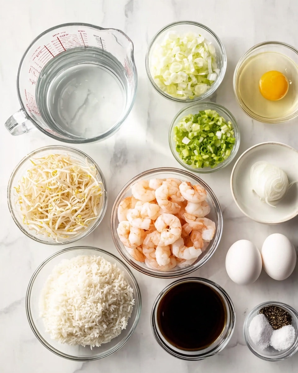 The image shows a white marbled surface with several clear glass bowls and a measuring cup arranged neatly. The largest bowl holds white rice with a fluffy texture and is placed on the lower right side. Next to it, there is a bowl filled with pink cooked shrimp in the center. Above the shrimp, there is a bowl of chopped light green spring onions, and to the right of that, a bowl with white chopped onions. On the far left is a large measuring cup filled with clear water. Below it, a bowl contains light-colored bean sprouts. To the right of the bean sprouts is a bowl with a dark brown liquid sauce, while next to it is a bowl with a clear pale yellow oil. Two white eggs sit side by side at the top right corner of the image. Small bowls of white salt and black pepper are positioned near the bottom right. The scene looks clean, with bright lighting emphasizing the fresh ingredients. photo taken with an iphone --ar 4:5 --v 7