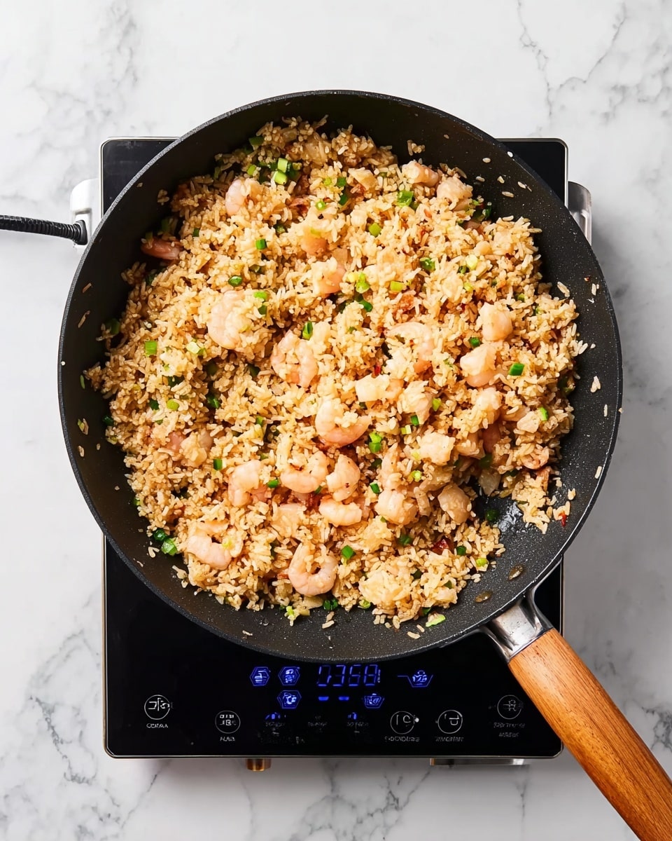 A black frying pan with a wooden handle holds cooked fried rice with shrimp on top of a black induction stove, all placed on a white marbled surface. The fried rice has a mix of light brown grains with visible pieces of pink shrimp and small bits of green onions scattered throughout. The rice texture looks soft but separate, with small chunks adding variation in shape. The pan is slightly oily, giving a mild shine to the rice. The induction stove display glows blue showing settings and buttons around it. Photo taken with an iphone --ar 4:5 --v 7