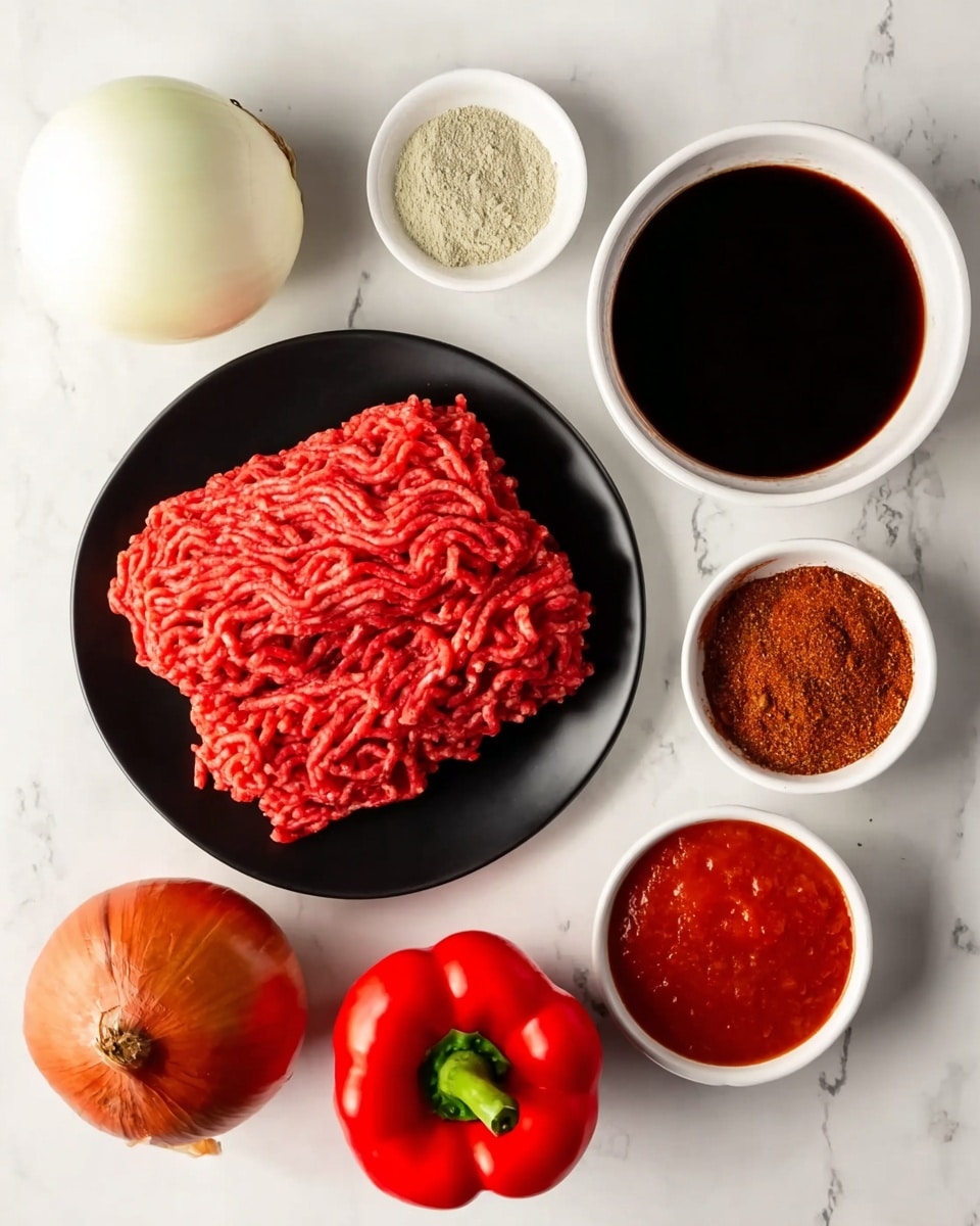 The image shows six cooking ingredients arranged on a white marbled surface. In the center left, a black plate holds two layers of raw ground beef, the meat is red with a textured surface of thin strands. Above the plate is a small white bowl with a light green powder inside. To the top right is a large white bowl filled with a dark brown liquid. To the right bottom of it is a small white bowl filled with reddish brown spice powder. Below the plate, there is a whole red bell pepper with a green stem. To the right of the bell pepper is a white bowl filled with a smooth bright red sauce. At the top left corner is a large white onion. The photo taken with an iphone --ar 4:5 --v 7