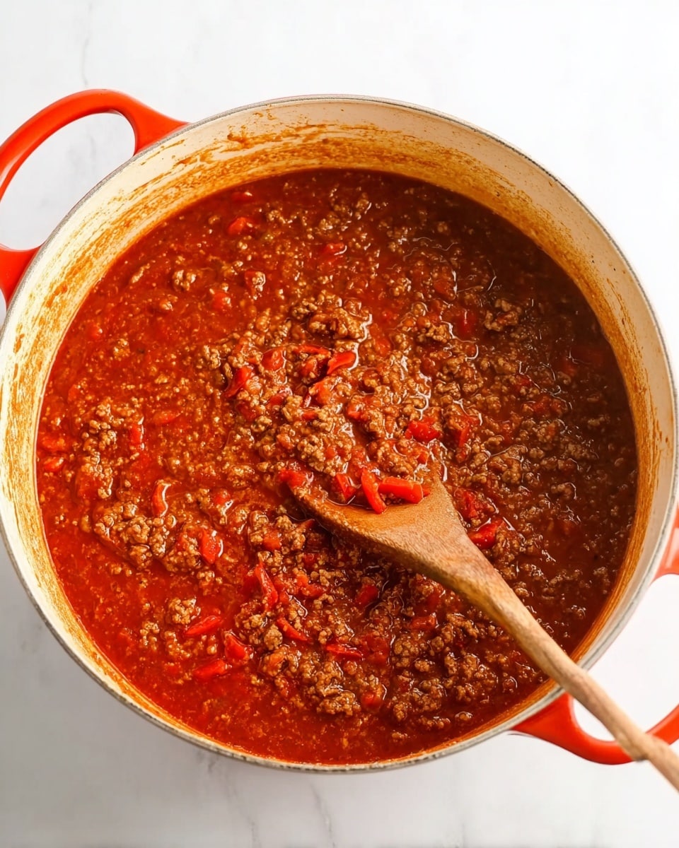 A red pot filled with thick ground meat sauce simmering in a rich, deep red tomato base with small pieces of red bell pepper evenly spread throughout. A wooden spoon with a smooth brown handle rests inside the pot, slightly lifting some of the chunky sauce. The pot is placed on a white marbled surface, showing a clean and bright background. The sauce texture is dense but saucy, with visible bits of meat and vegetables throughout, and the pot’s inside edges have some sauce stains. Photo taken with an iphone --ar 4:5 --v 7