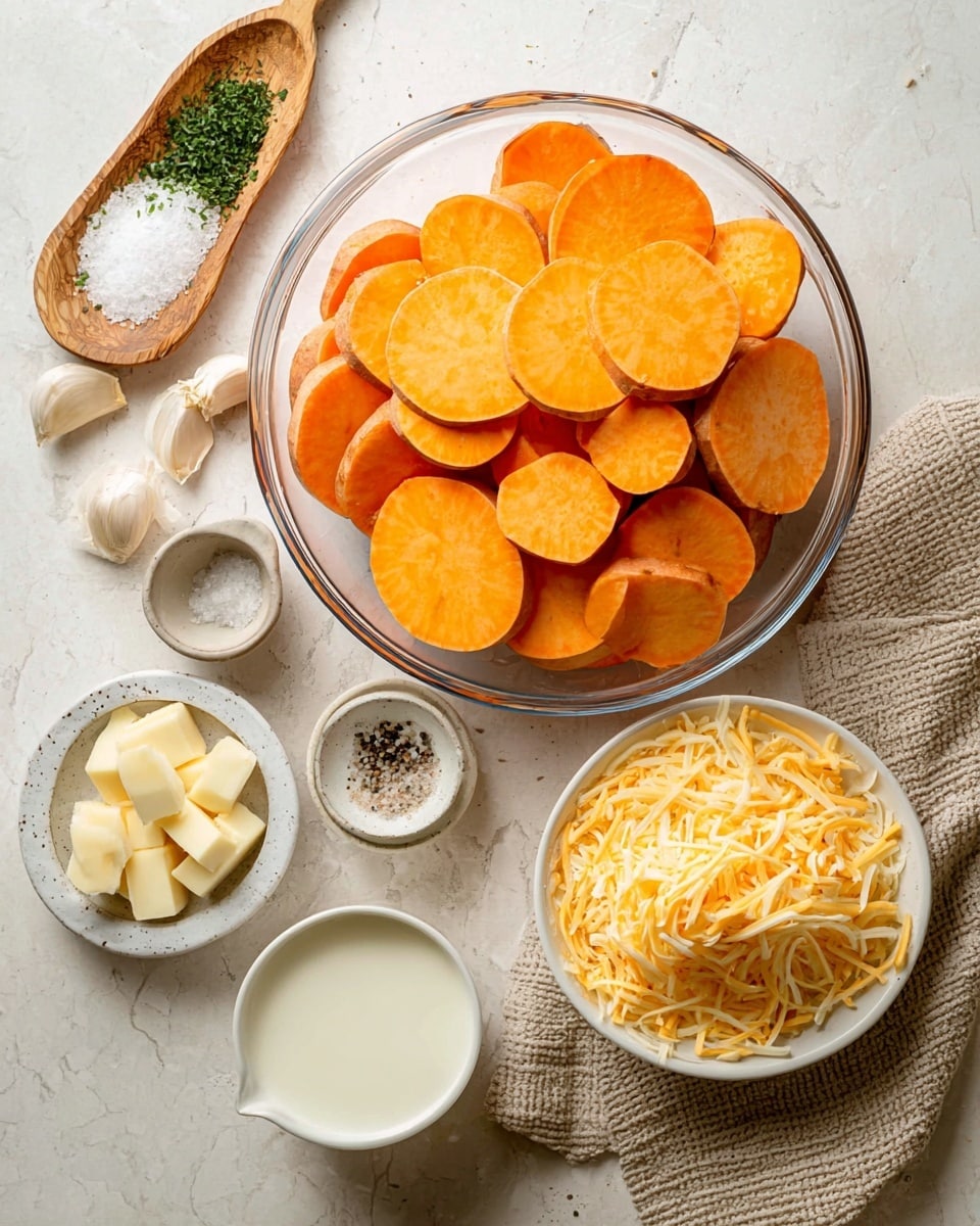 A large clear glass bowl filled with many round, bright orange slices of sweet potatoes sits in the center on a white marbled surface. To the right, a small white bowl is full of shredded yellow cheese with some cheese spilled outside the bowl. Below the glass bowl, there is a small white bowl filled with creamy milk. On the left side, a group of four small dishes hold ingredients: two garlic cloves, a small white bowl with cubes of butter, a shallow white dish with salt and pepper, and a small white dish with a white granular ingredient. There is a wooden spoon with green chopped herbs on it near the top center, resting on a white paper. A beige textured cloth is placed on the bottom right corner. The photo taken with an iphone --ar 4:5 --v 7