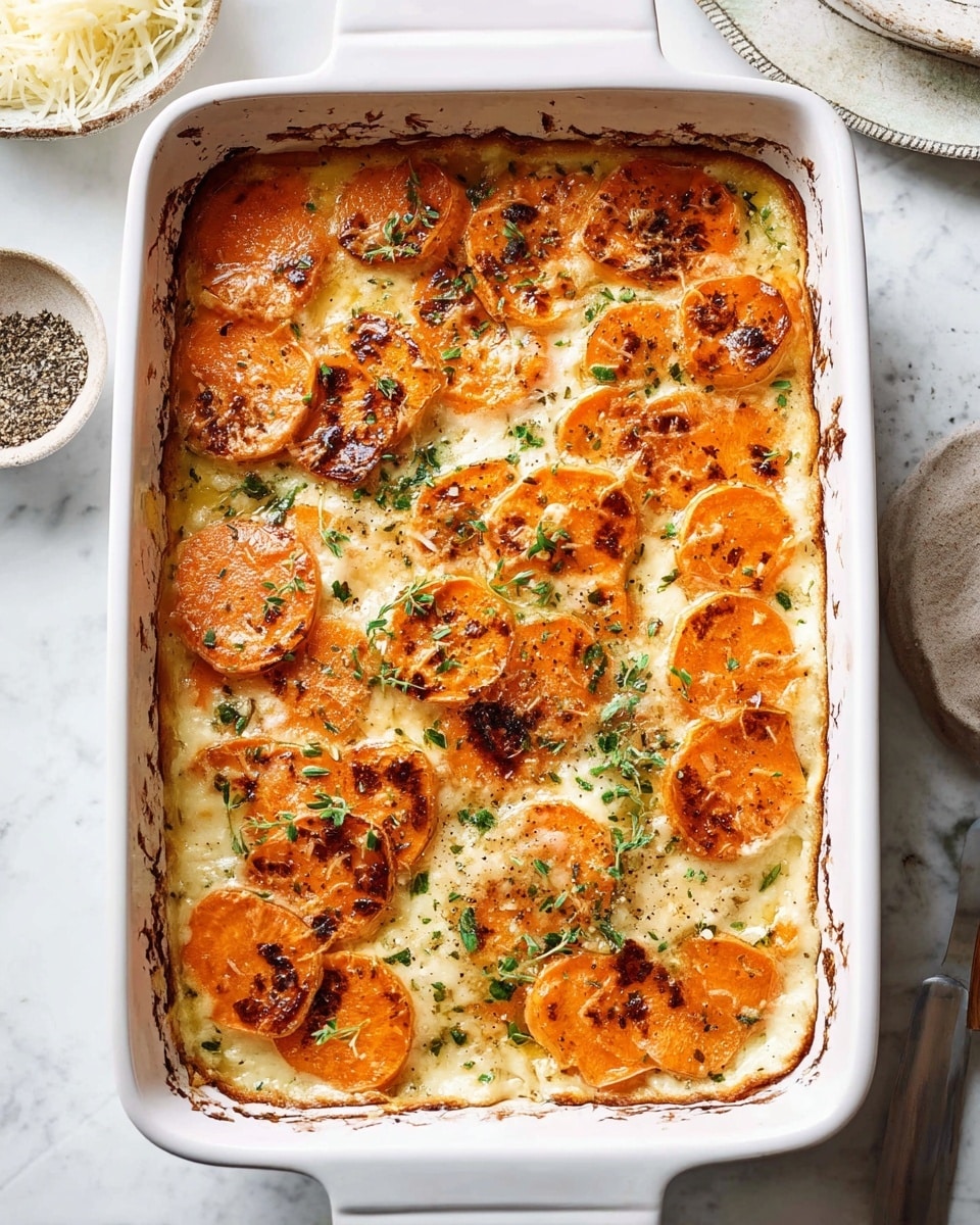 A white rectangular baking dish holds a baked dish with about three layers. The top layer has round, thin slices of orange sweet potatoes, browned in spots, with bits of fresh green herbs sprinkled all over. Beneath the sweet potatoes is a creamy light yellow sauce, slightly browned on the edges. The baking dish sits on a white marbled surface. Nearby, a small white bowl with black pepper and a plate with shredded cheese are visible. The texture looks soft and slightly bubbly, with a golden crust on top. Photo taken with an iphone --ar 4:5 --v 7