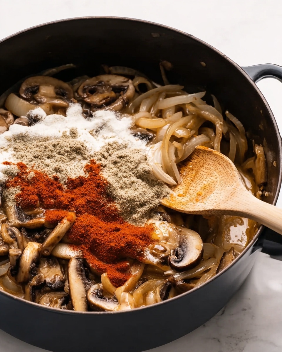 A close-up of a large black pot filled with cooked sliced brown mushrooms and translucent cooked onion slices mixed together. On top of the mushrooms and onions, there is a layer of white powdered spices with some red powdered spice sprinkled on it. A wooden spoon is resting inside the pot on the right side, touching the mixture. The pot is set on a white marbled surface. photo taken with an iphone --ar 4:5 --v 7