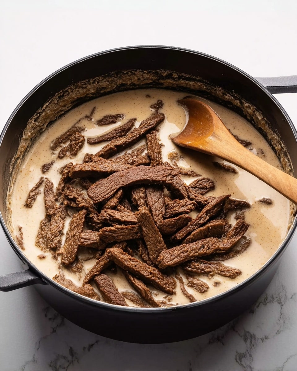 A large black pot with a creamy beige sauce at the bottom has many dark brown strips of cooked meat piled in the center, showing a rough texture on each piece. A wooden spoon rests on the right side inside the pot, partially covered in sauce. The pot sits on a white marbled surface. photo taken with an iphone --ar 4:5 --v 7